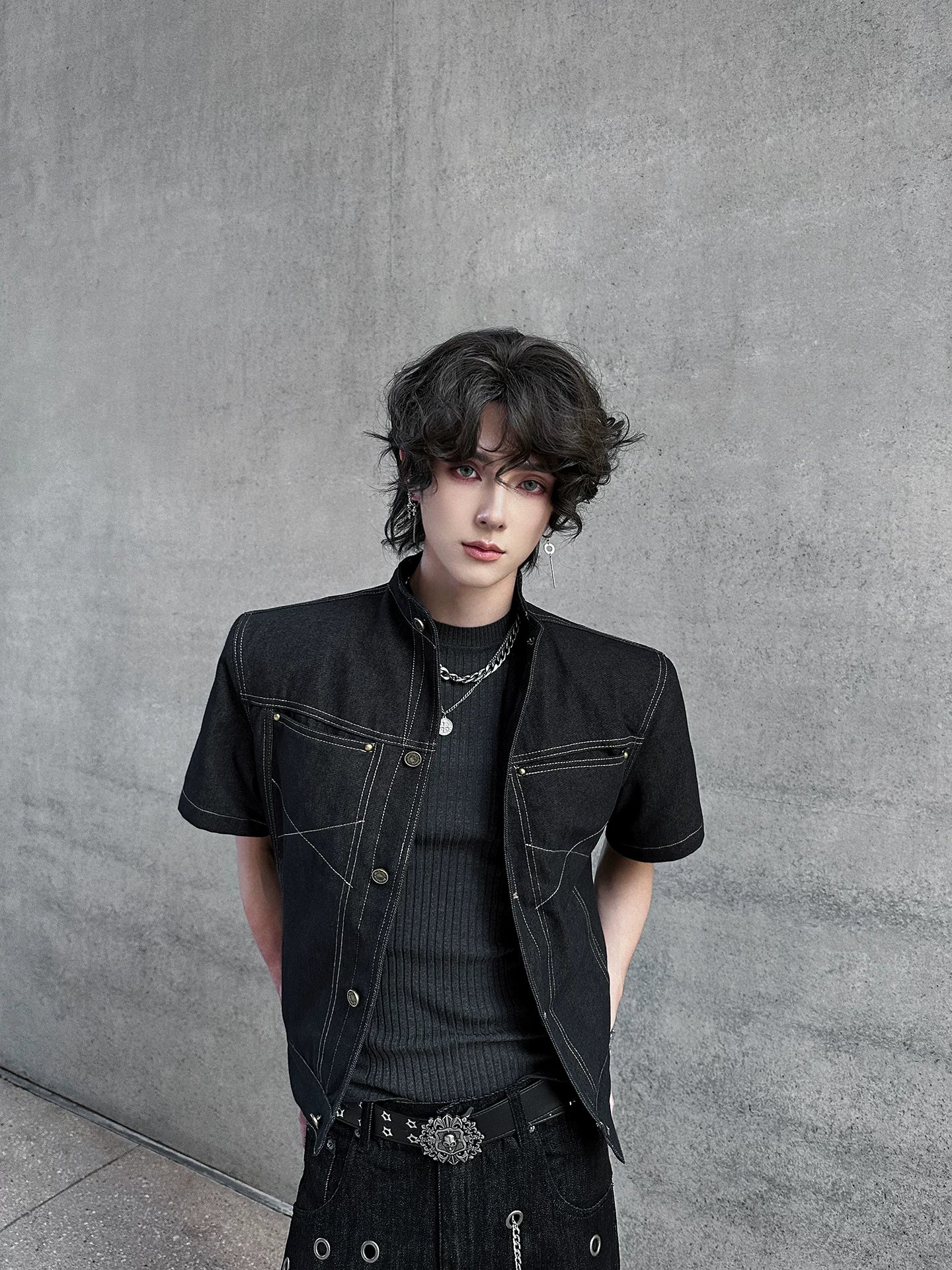 Iron Grid High-Collar Utility Denim Jacket
