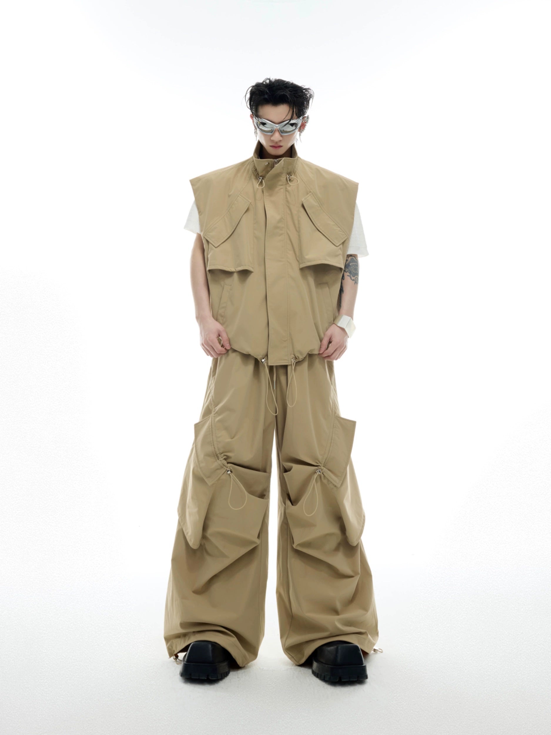 Black Tactical Vest Wide Leg Pants