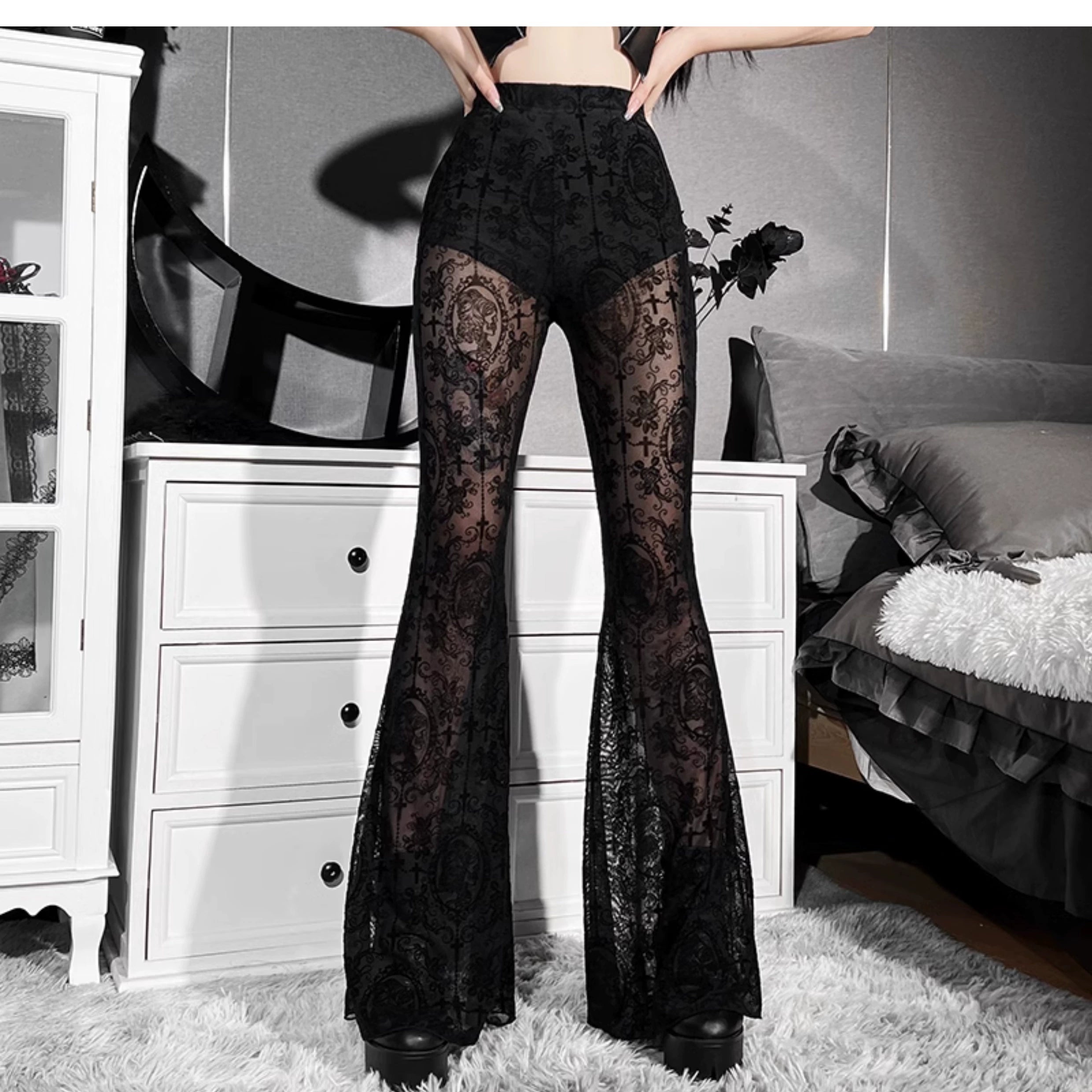 Wannathis Gothic Lace Ensemble - Black Sheer Flared Pants, Brocade Camisole, And Bell Sleeve Bolero