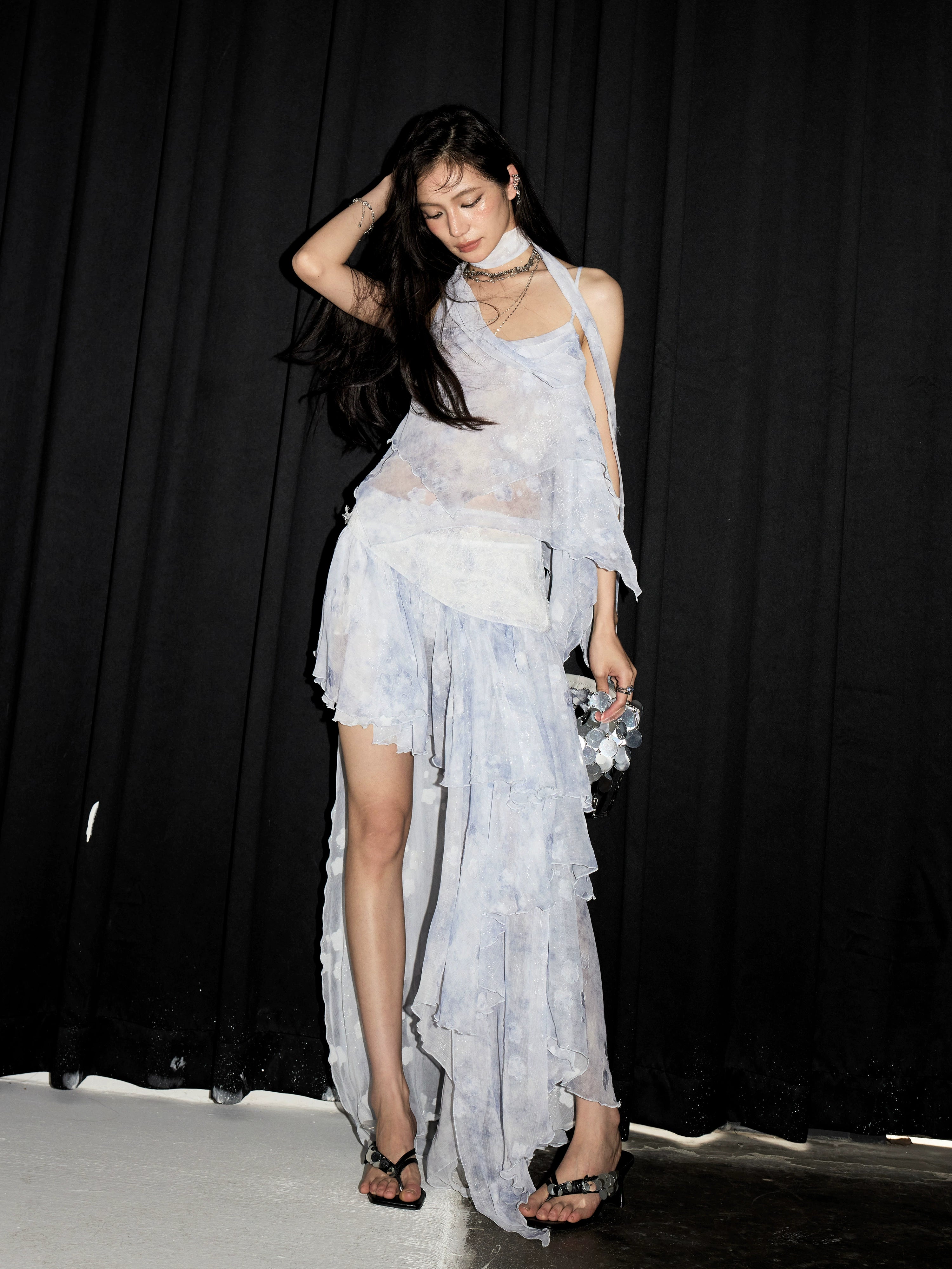 Asymmetrical High-Low Ruffled Lace Dress in Light Blue