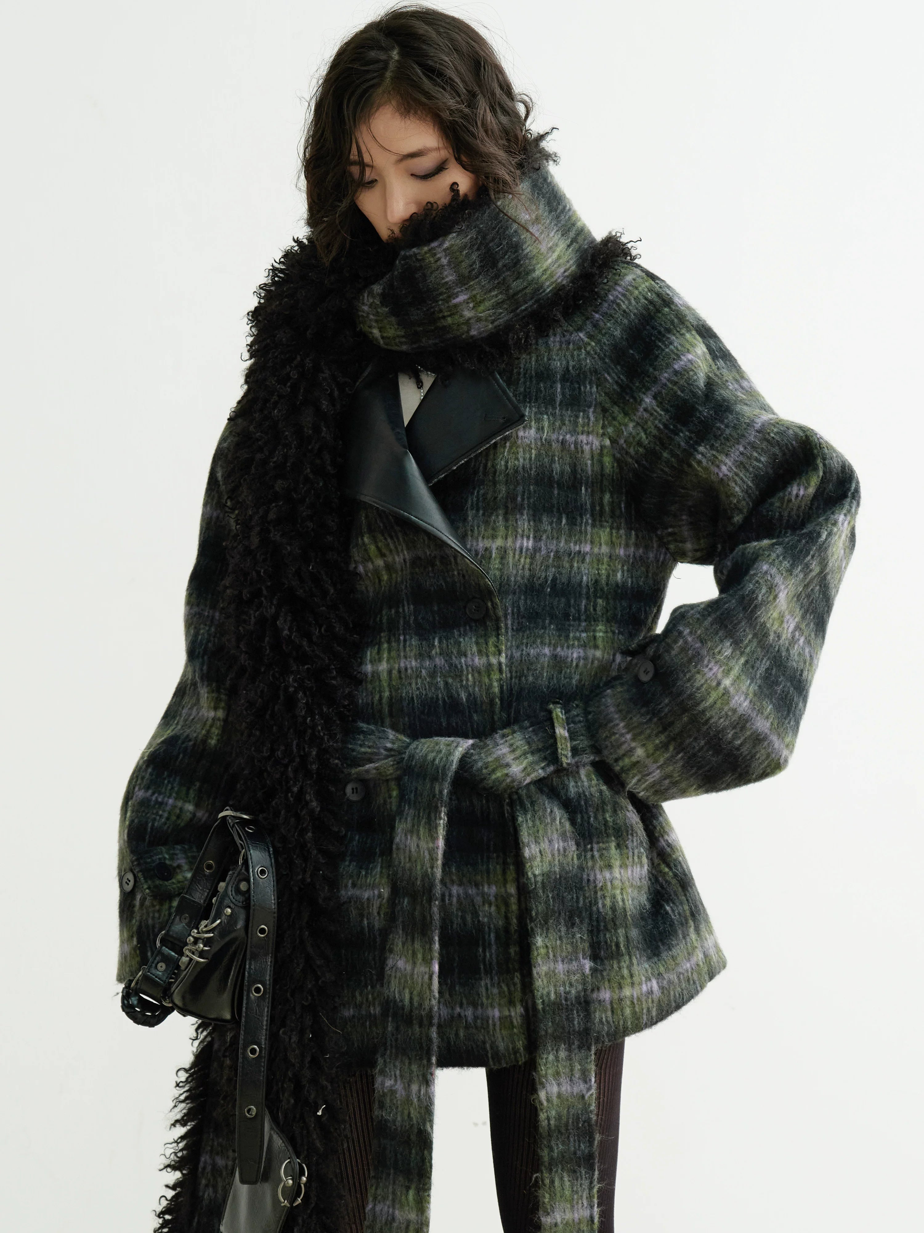 Shadow Plaid Fringe Wrap Coat