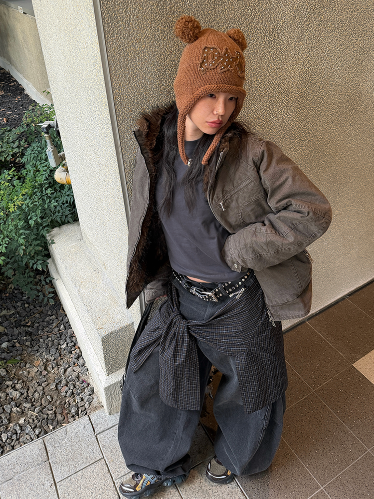 Convertible Plaid Drape Barrel Jeans