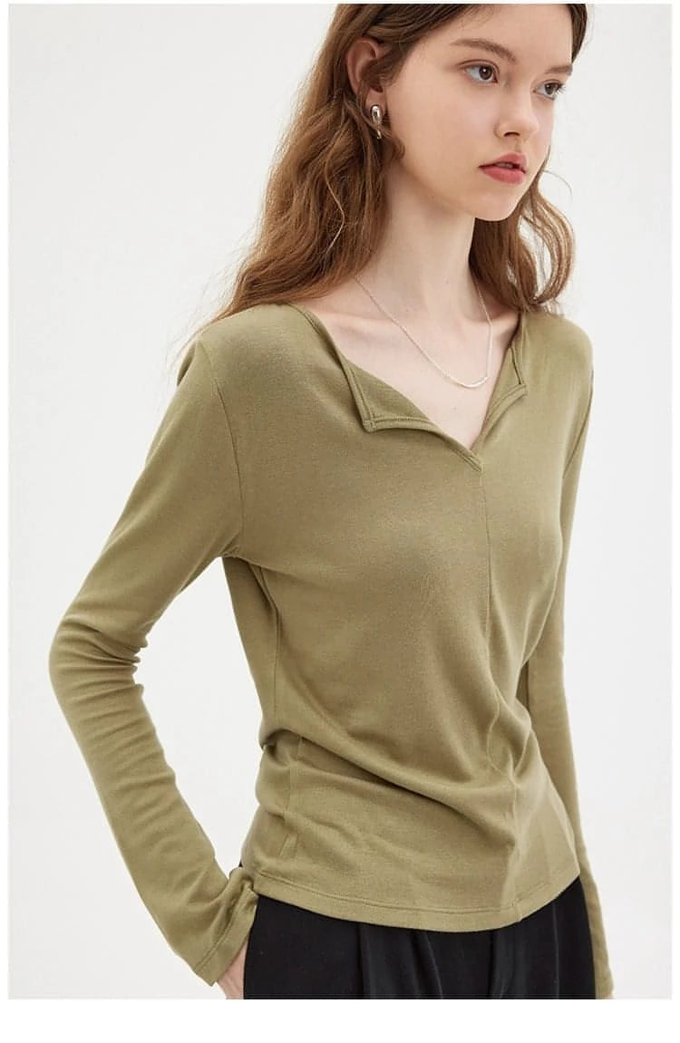 V-Neck Long Sleeve Knitted Base Layer Top - chiclara