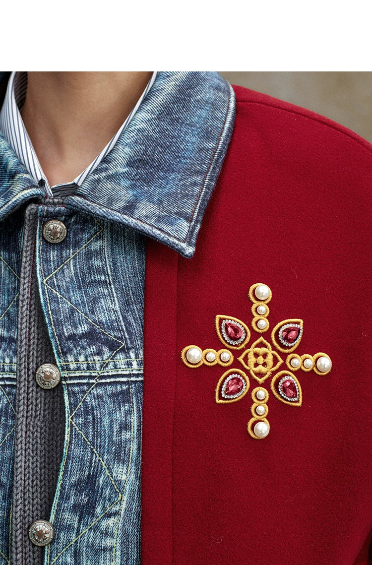 Denim Panel Embroidered Varsity Bomber Jacket