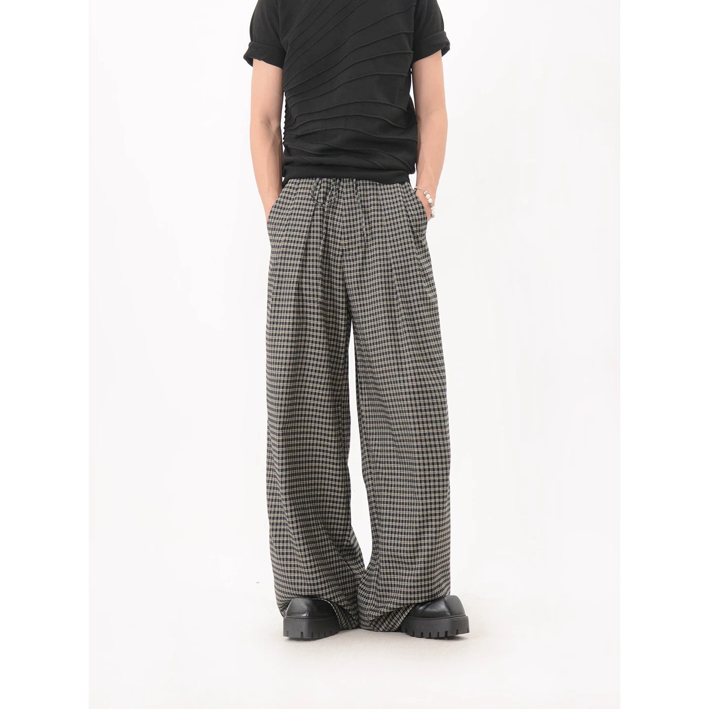 Plaid Pleated Relaxed Wide Leg Pants