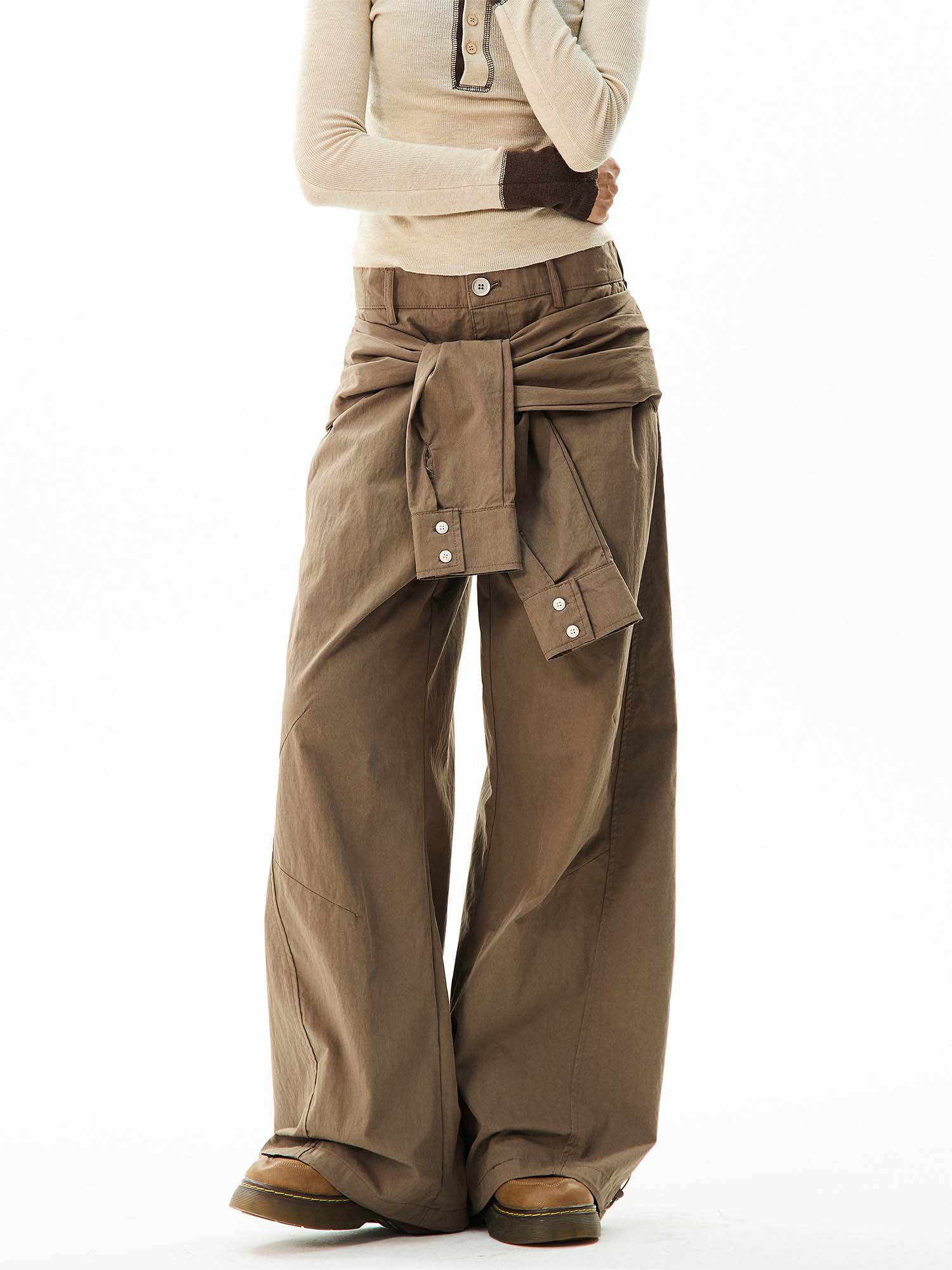 Wide-Leg Cargo Pants with Tie-Front Detail