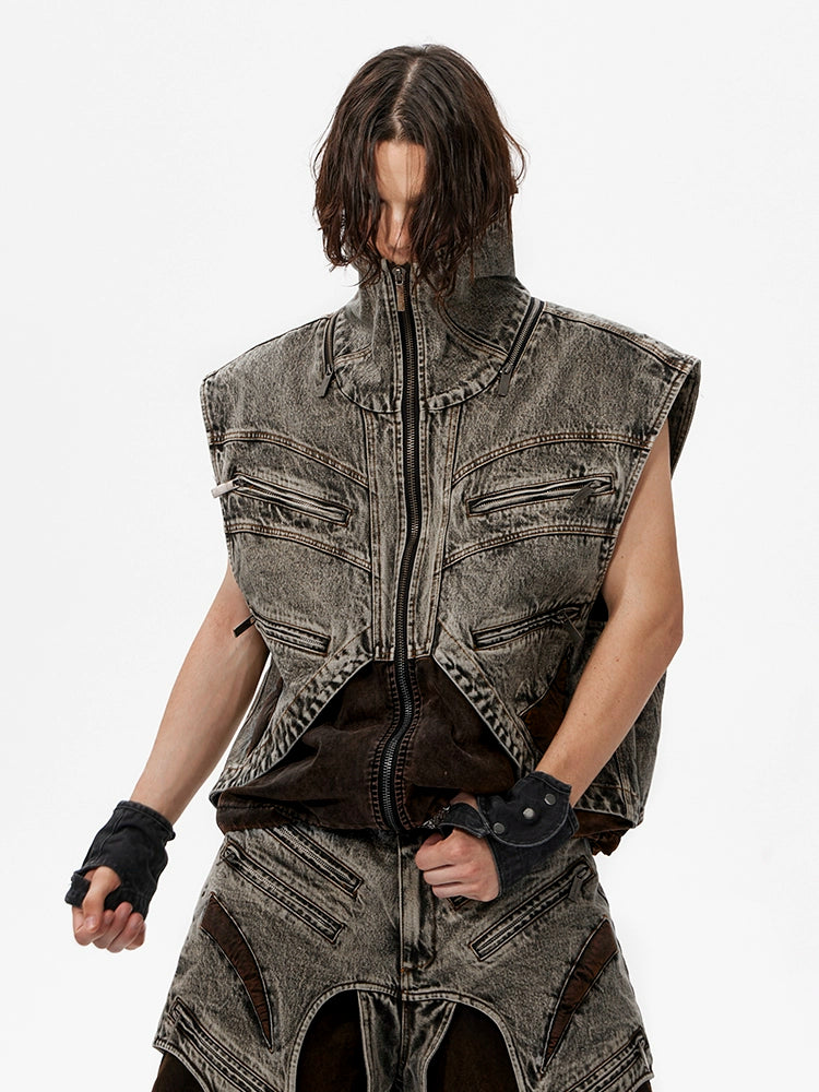 Distressed Zip Front Denim Vest
