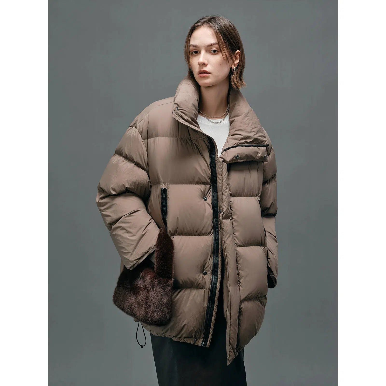 Oversized Down Jacket in Solid Color - chiclara