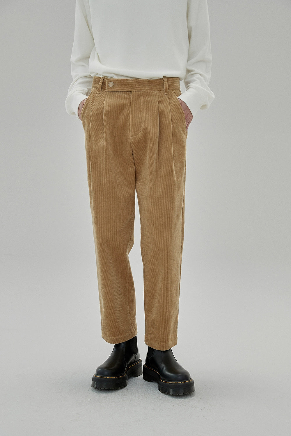 Wide Waist Tab Double-Pleated Relaxed Cropped Pants