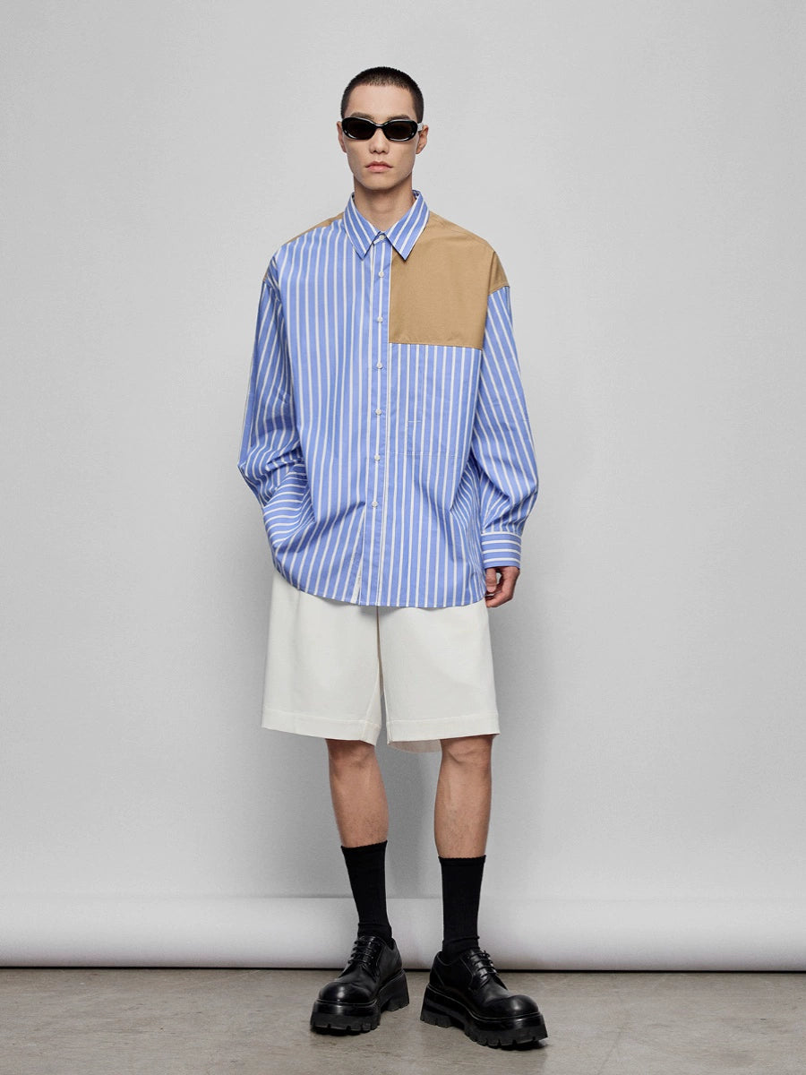 Color-Block Patchwork Pocket Oversized Shirt