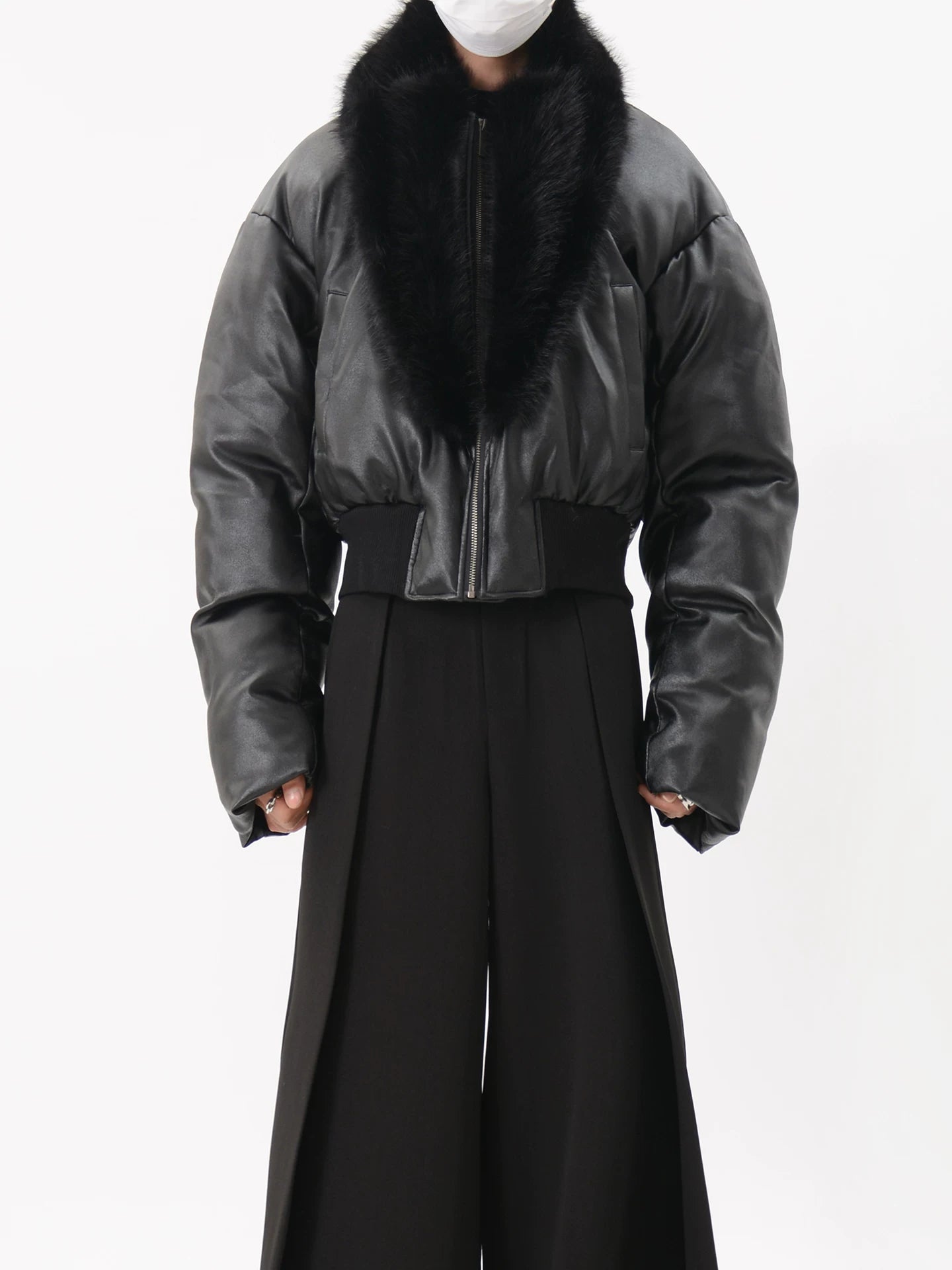 Black Faux Leather Cropped Puffer Jacket with Faux Fur Collar