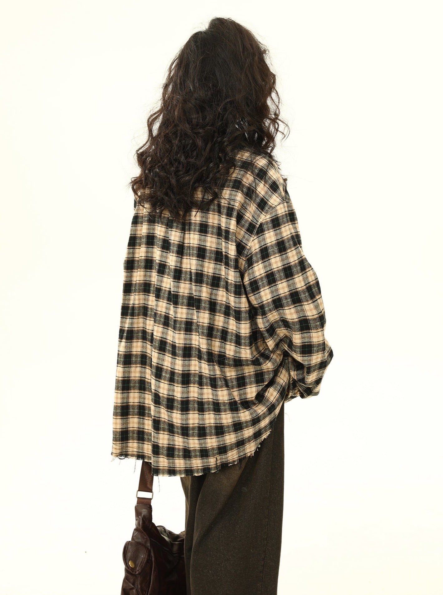 Oversized Distressed Plaid Flannel Shirt