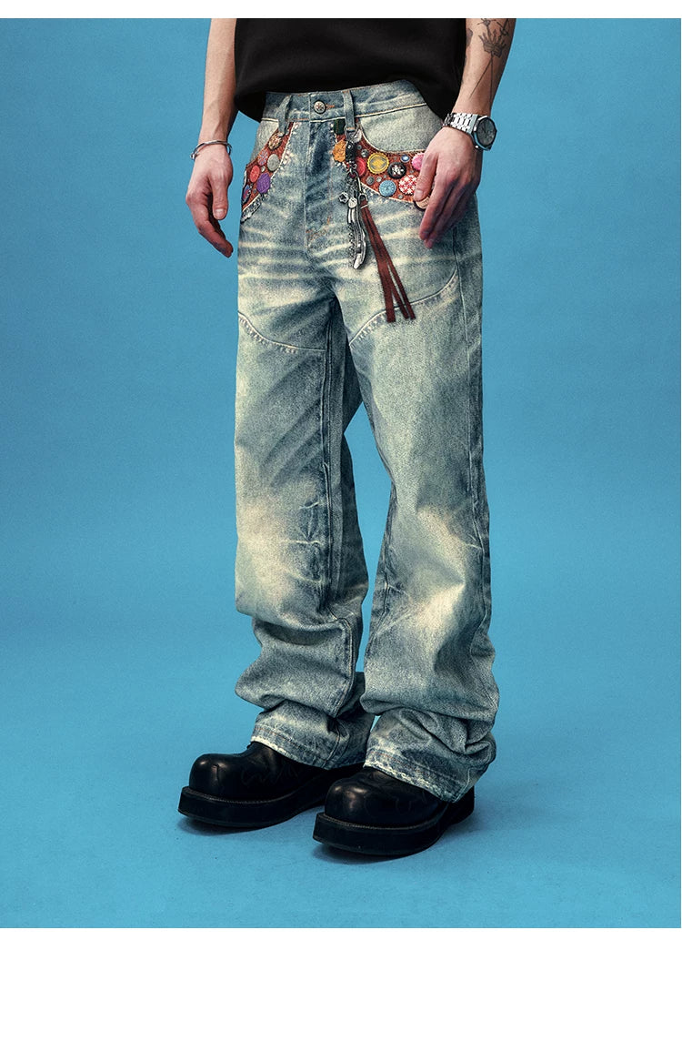 Badge Embellished Washed Wide Leg Jeans