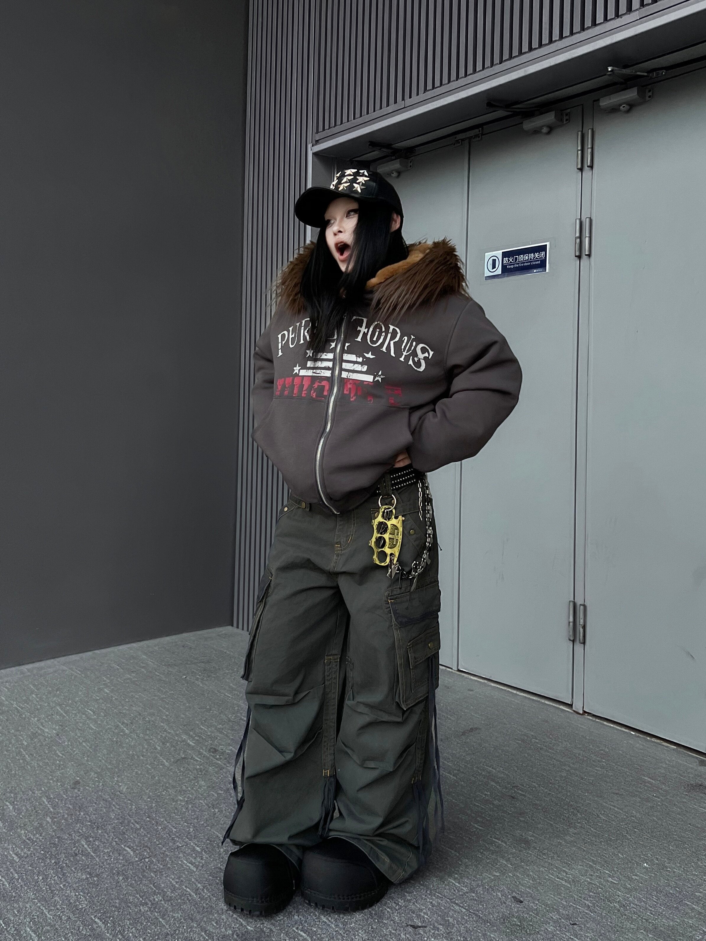Men's Faux-Fur Graffiti-Print Zip-Up Hooded Jacket