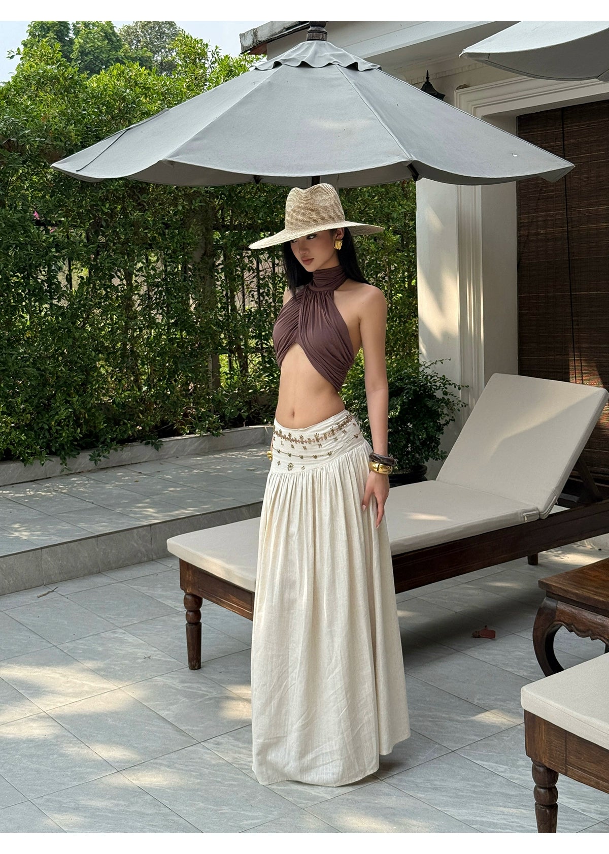 Beige Embroidered High Waist Midi Skirt