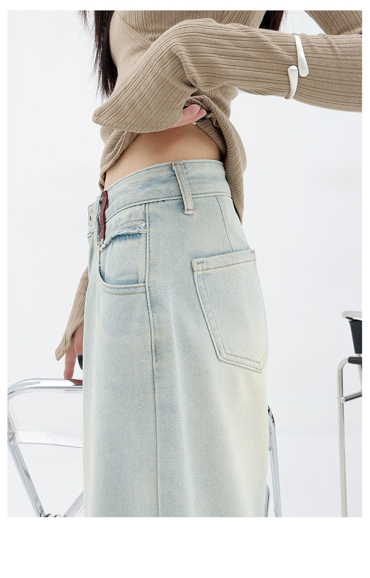 Light Blue Loose Straight Wide-Leg Denim Pants With Embroidery Design - chiclara