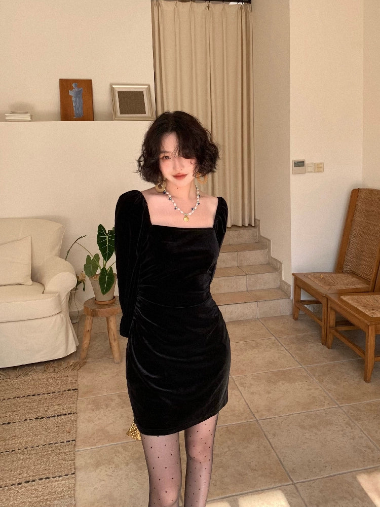 Black Velvet Square Neck Mini Dress