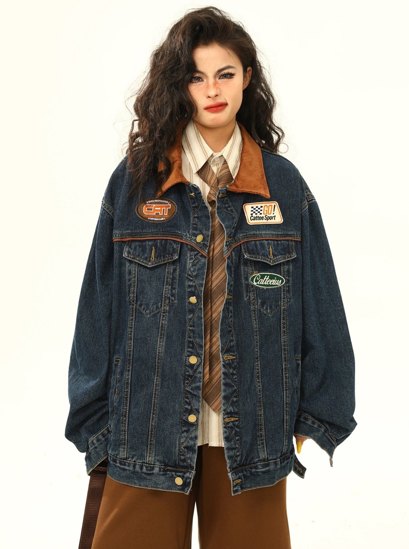 Racing Patch Denim Jacket with Corduroy Collar