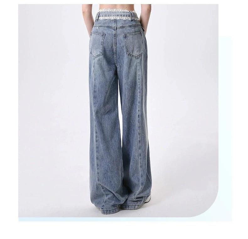 Rayohopp High-Waisted Wide Leg Denim Jeans - Vintage Wash Pleated Palazzo Pants With Relaxed Fit