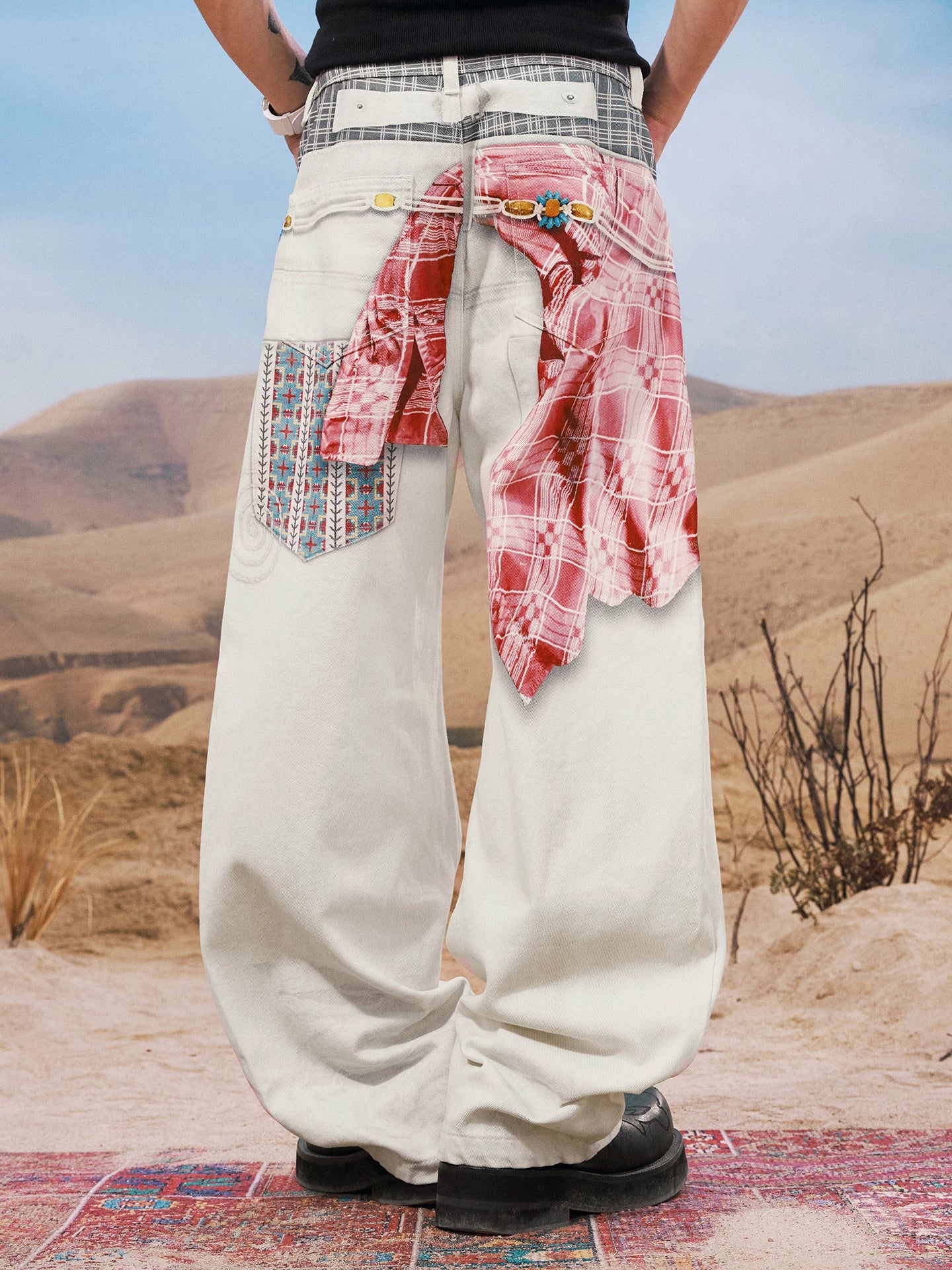 Layered Plaid Waist Wide Leg Jeans