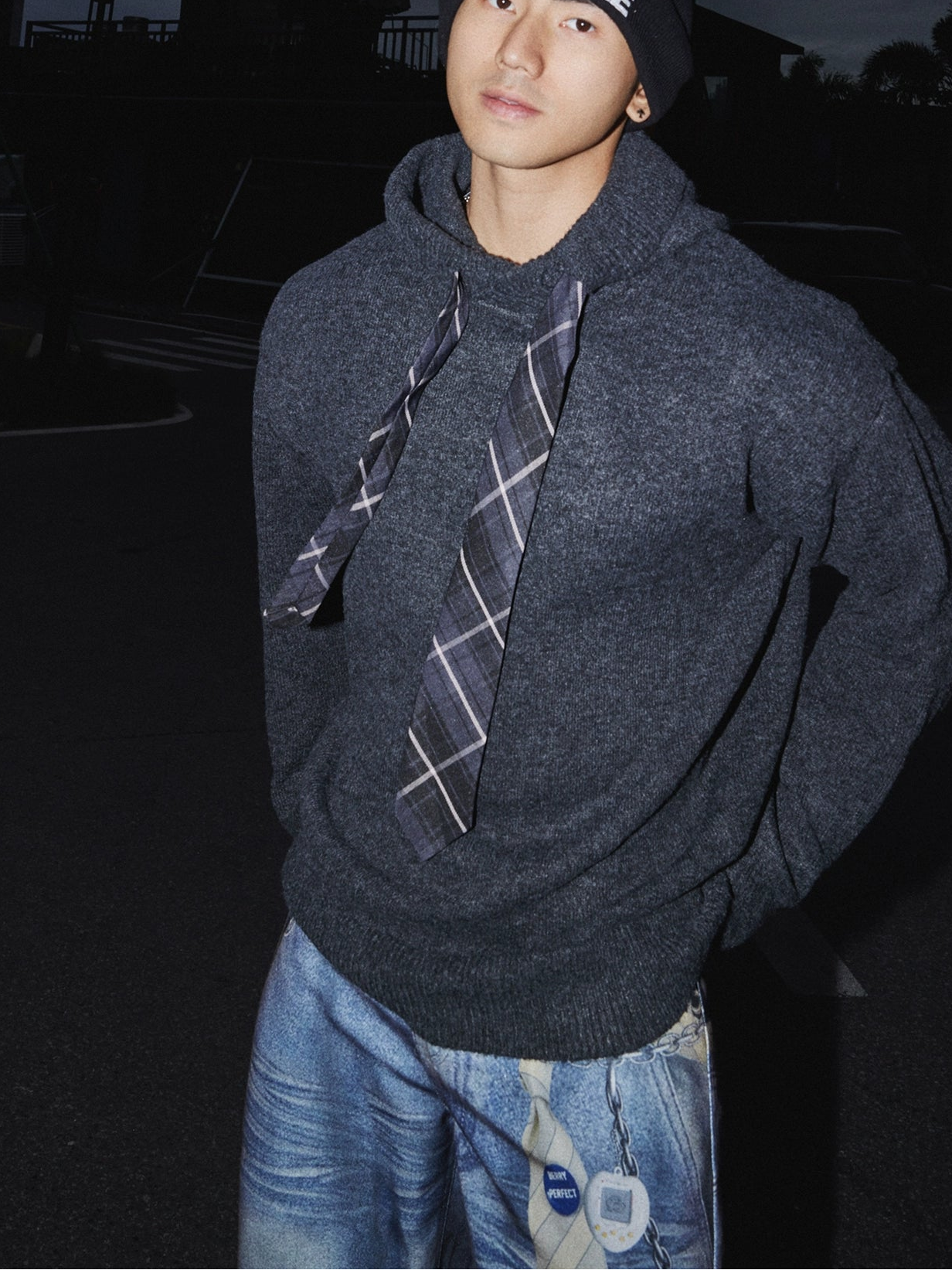 Plaid Necktie Drawstring Knit Hoodie