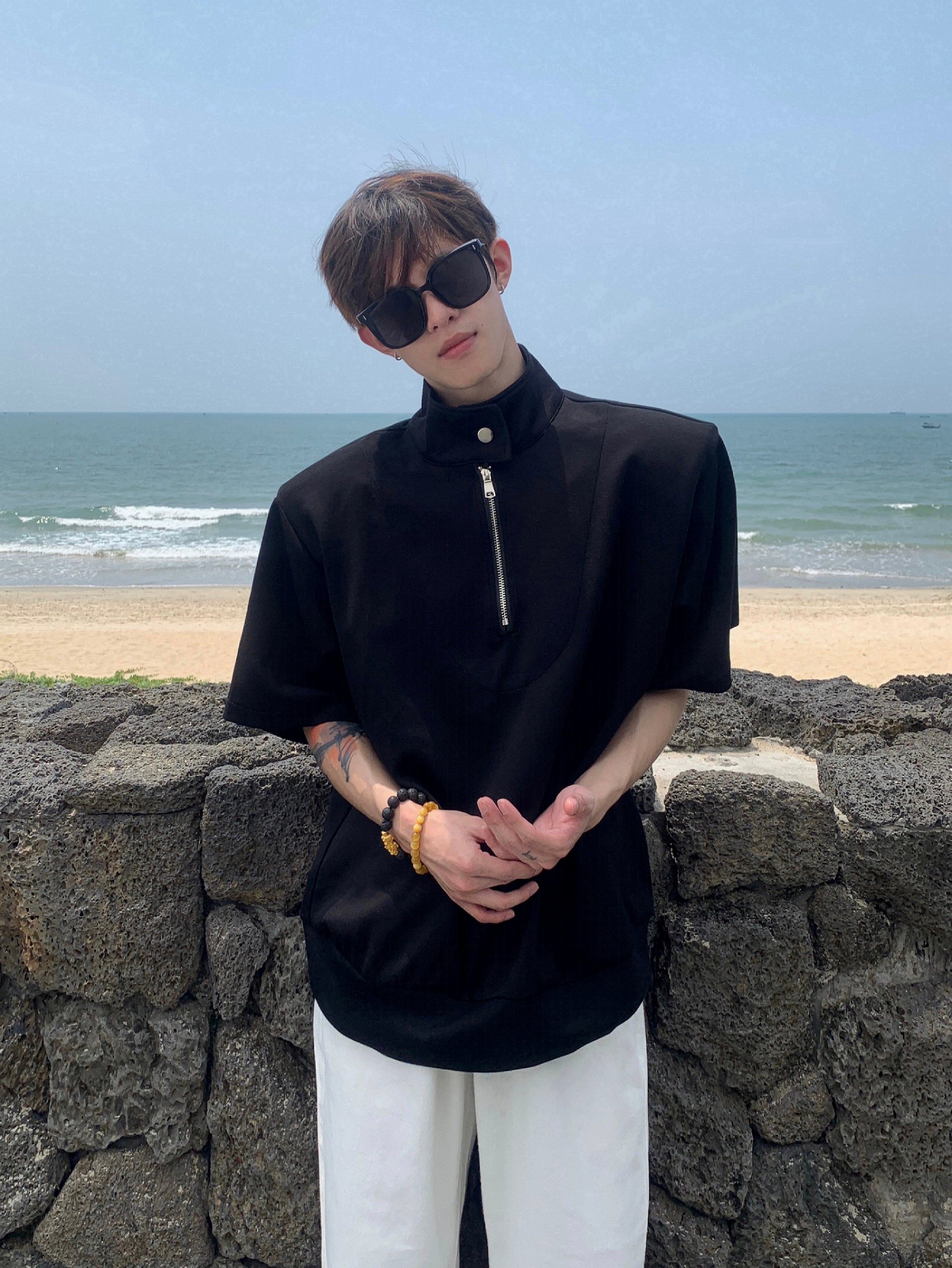 Gray Half-Zip Stand Collar Shirt