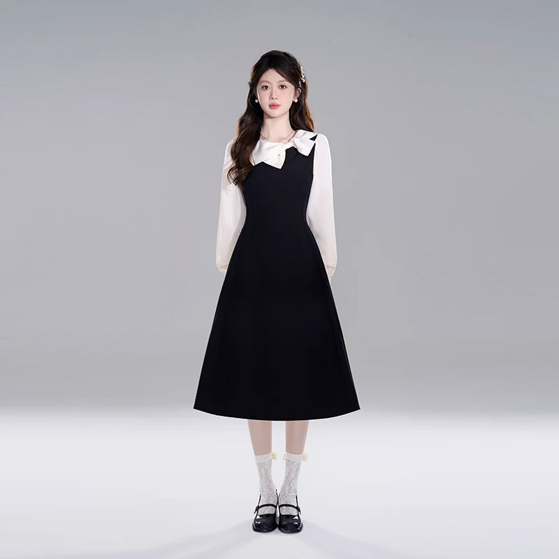 Contrast Bow Collar Midi Dress