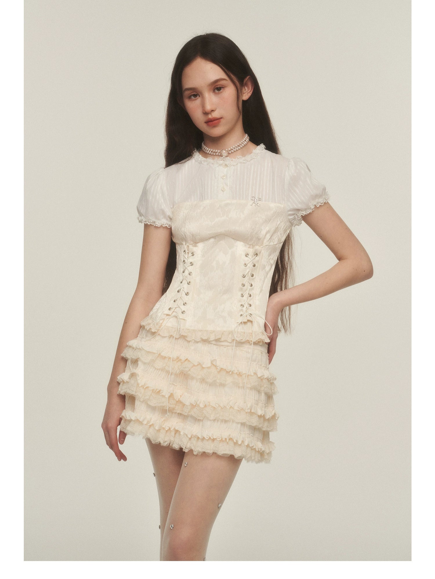 Cream Tiered Ruffle Mini Skirt with Lace Trim