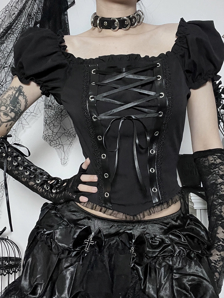 Wannathis Gothic Lolita Off-Shoulder Corset Top - Black Lace-Up Blouse With Puff Sleeves