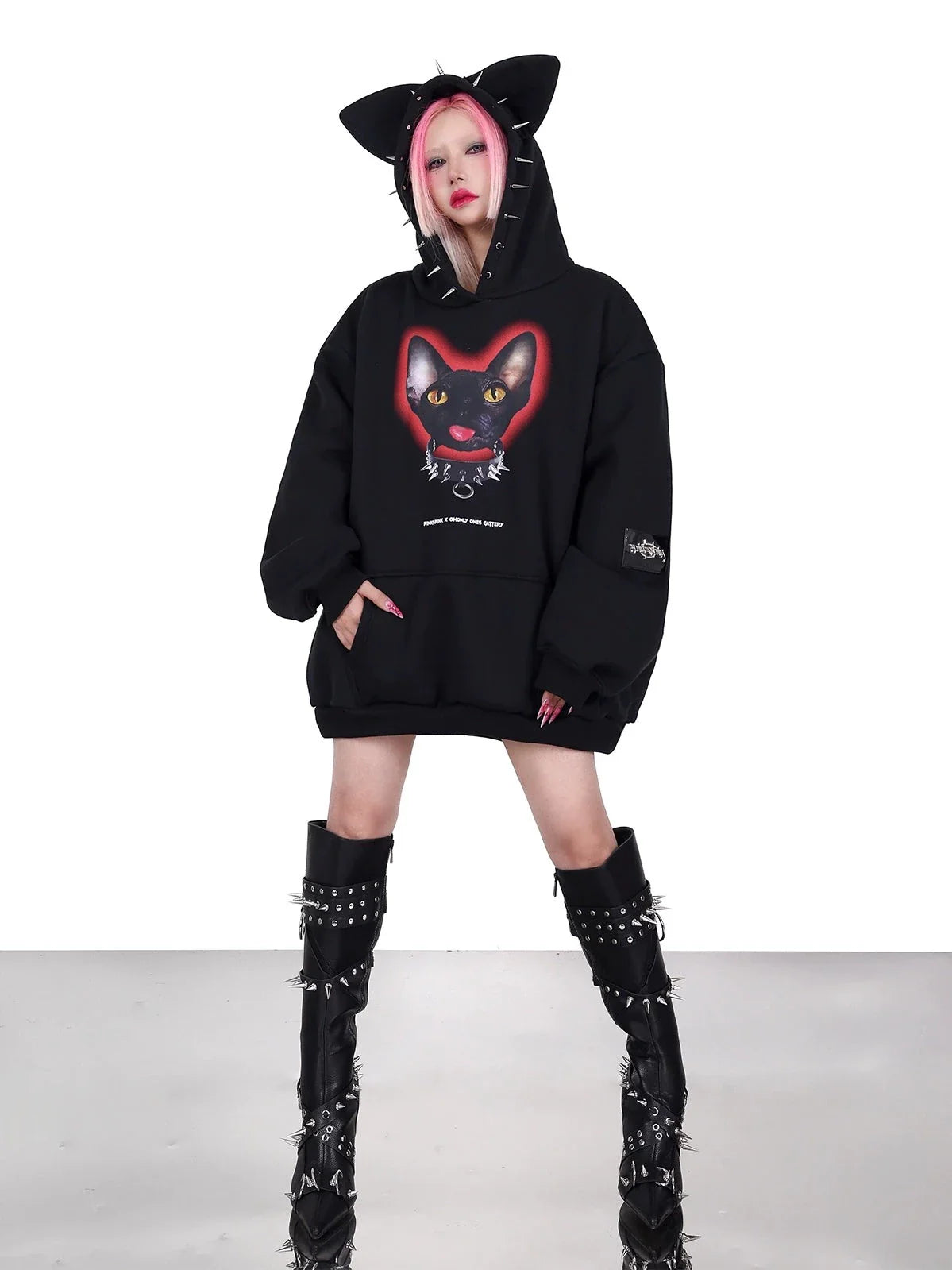 PINKSPINK Spiked Cat-Ear Hoodie - Black with Gothic Cat Print