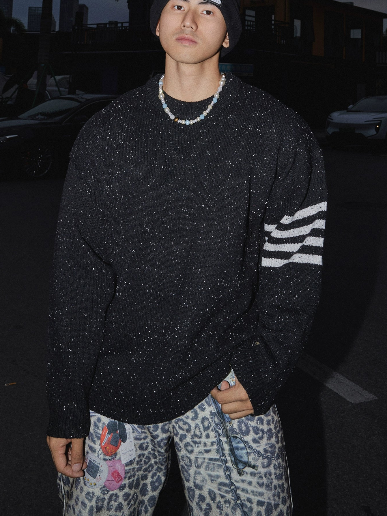 Granite Fleck Stripe-Sleeve Knit Sweater