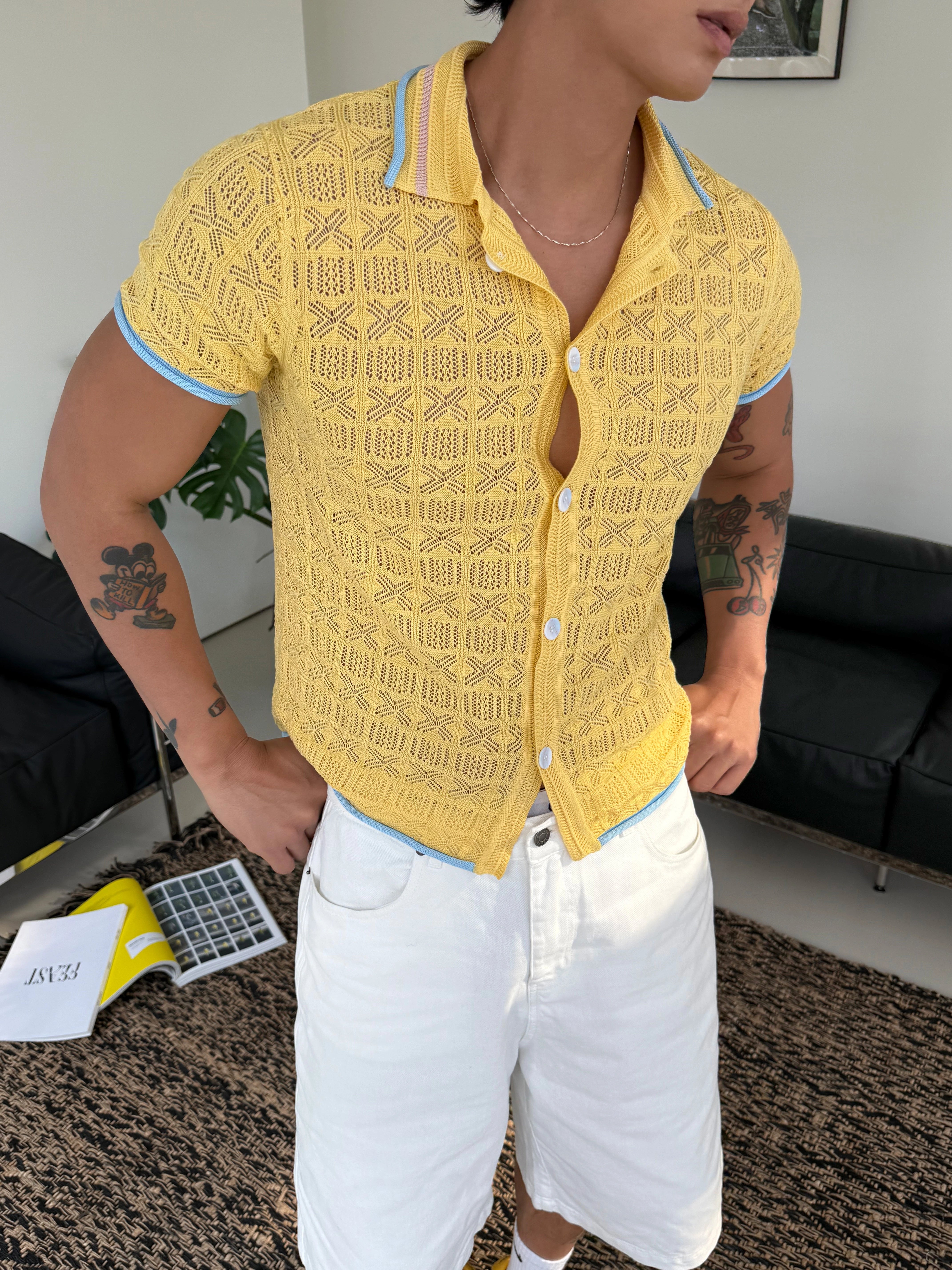 Yellow Crochet Short Sleeve Shirt with Blue Trim