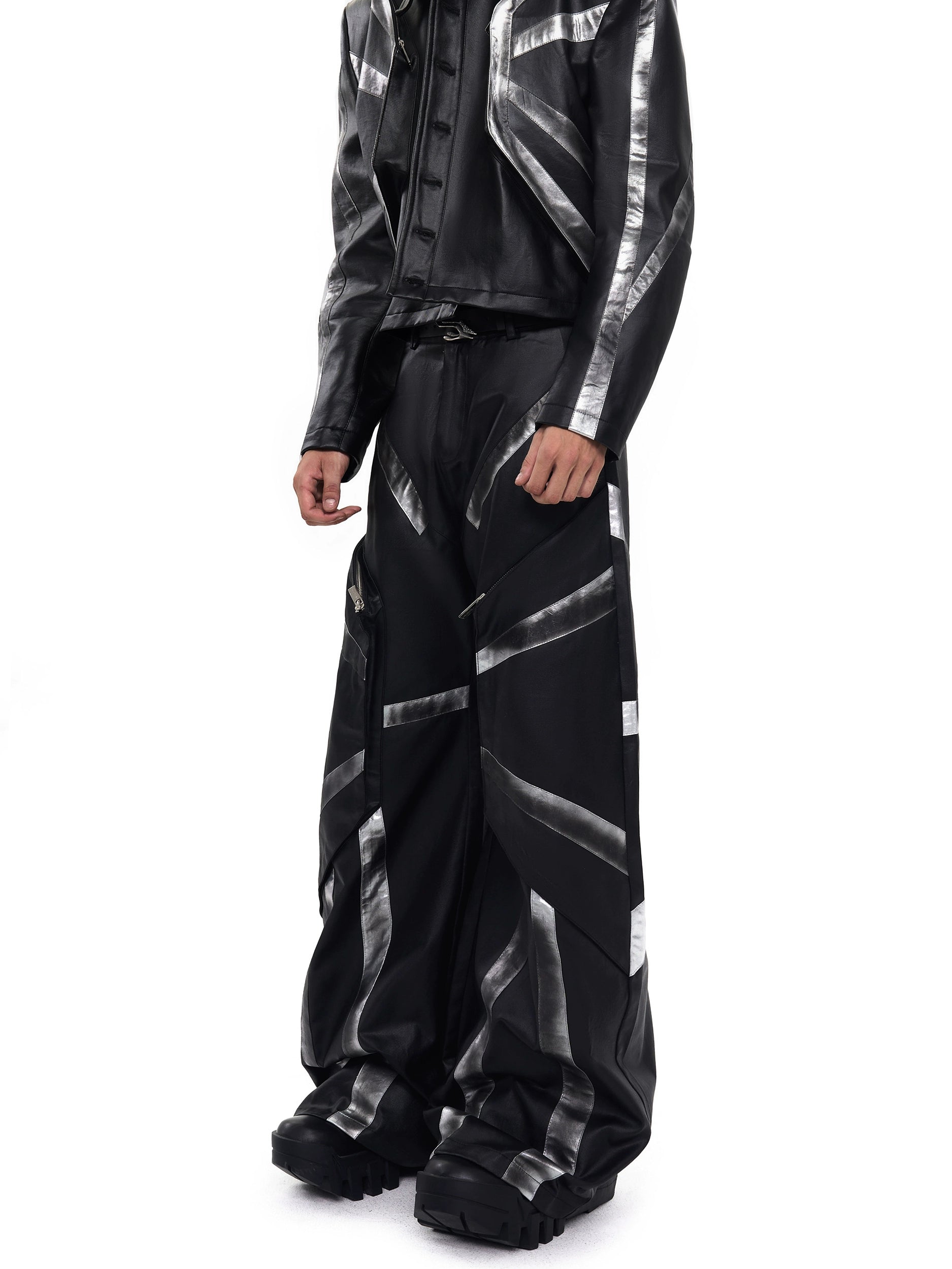 Black Metallic Jacket and Wide-Leg Pants Setup