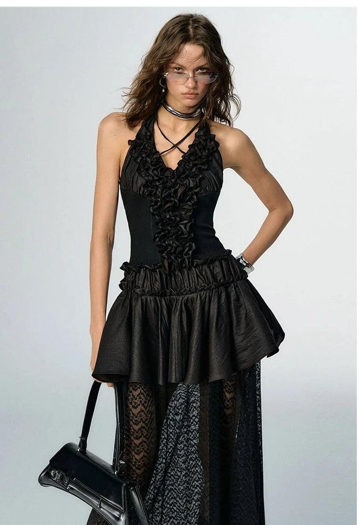 Of Akiva Vintage-Inspired Ruffled Halter Dress - Women'S Tiered Maxi Gown With Plunging Neckline