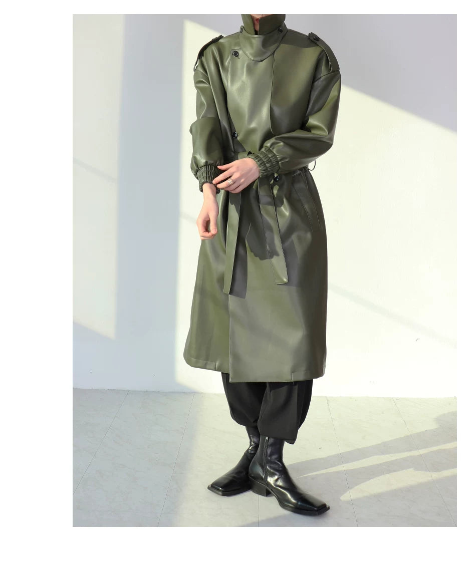 Noir Eclipse Belted Faux Leather Trench Coat