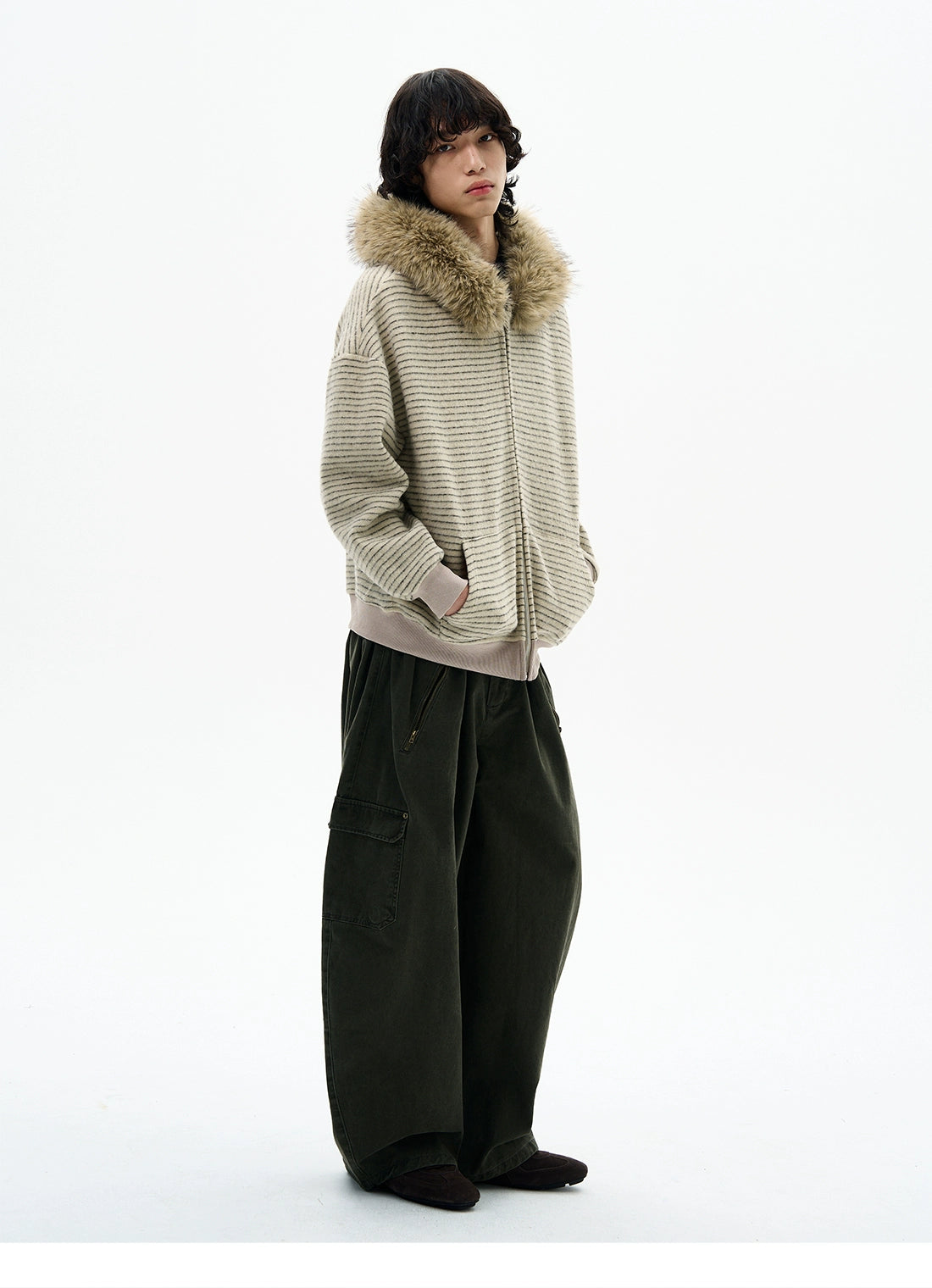 Striped Faux Fur Collar Zip Hoodie