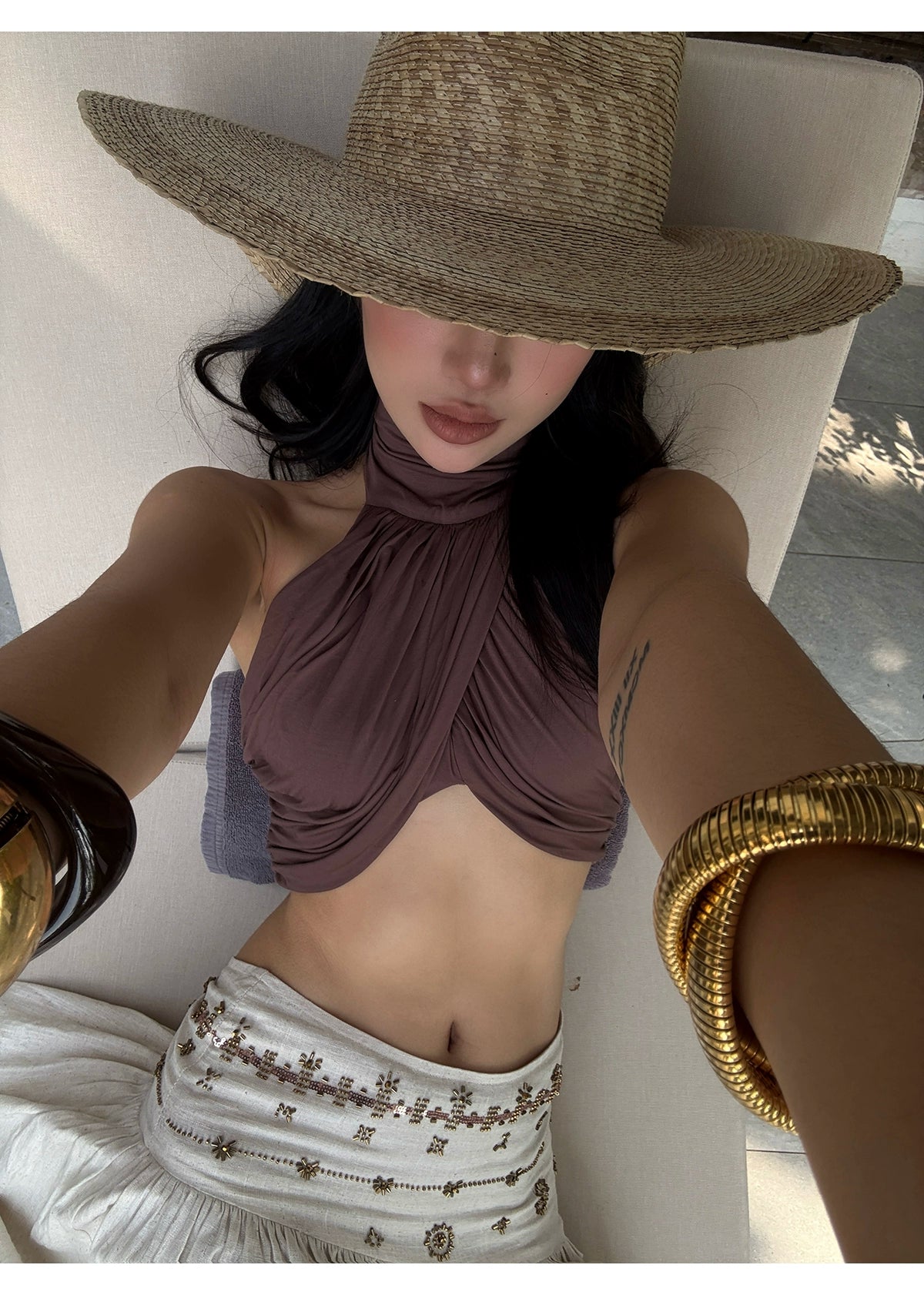 Brown Halter Neck Cut-Out Crop Top