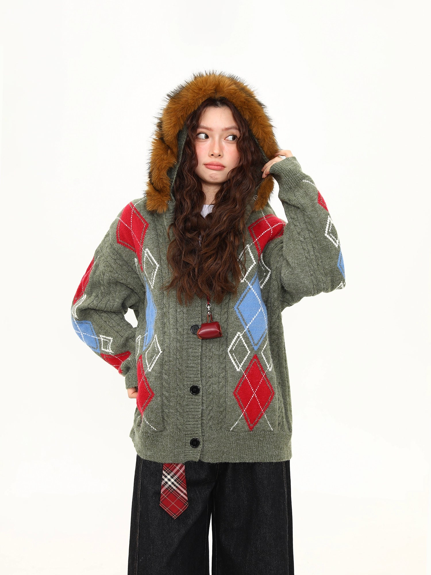 Frosty Argyle Faux-Fur Hood Cardigan