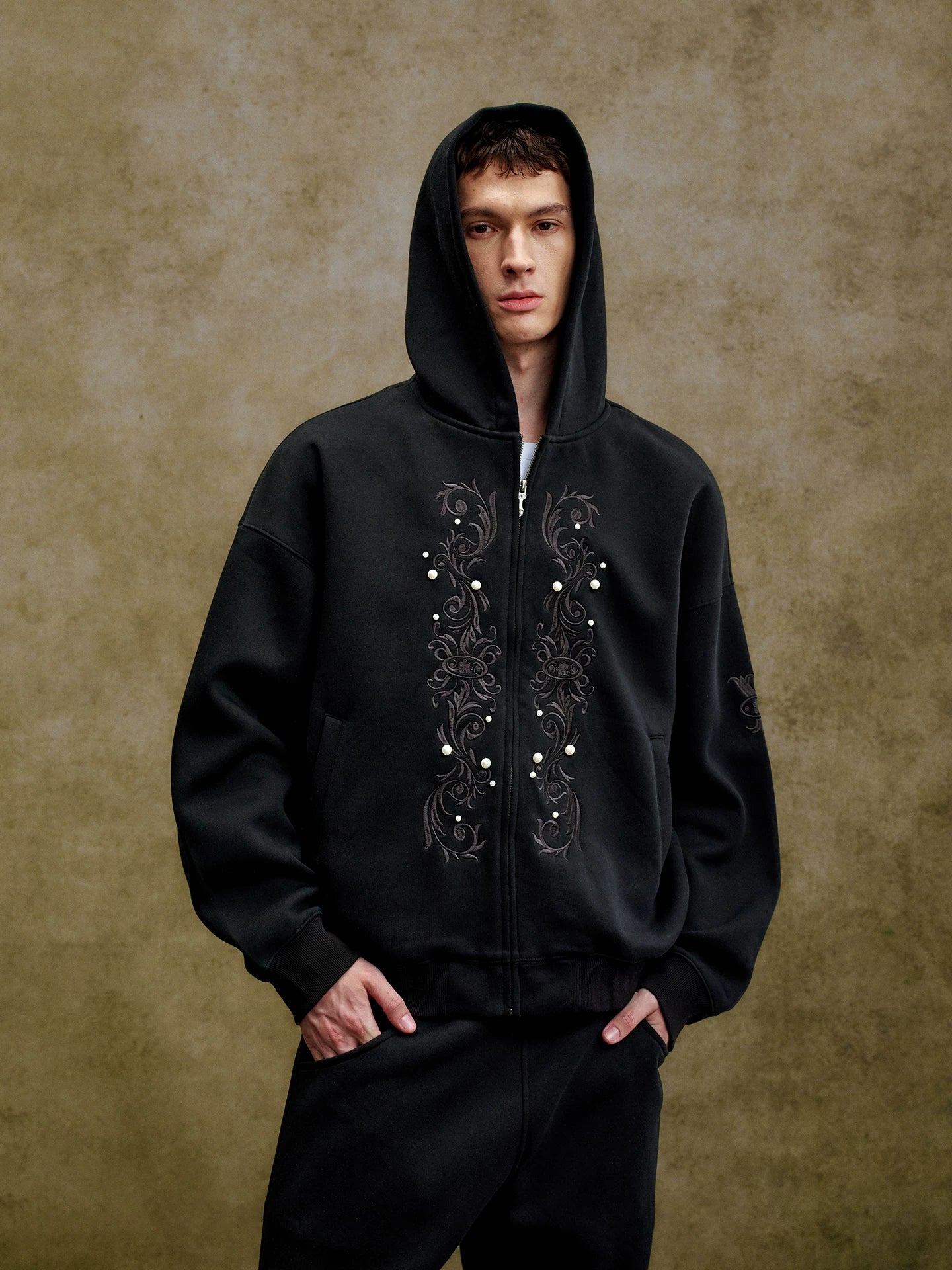 Pearl Embroidered Zip-Up Hoodie