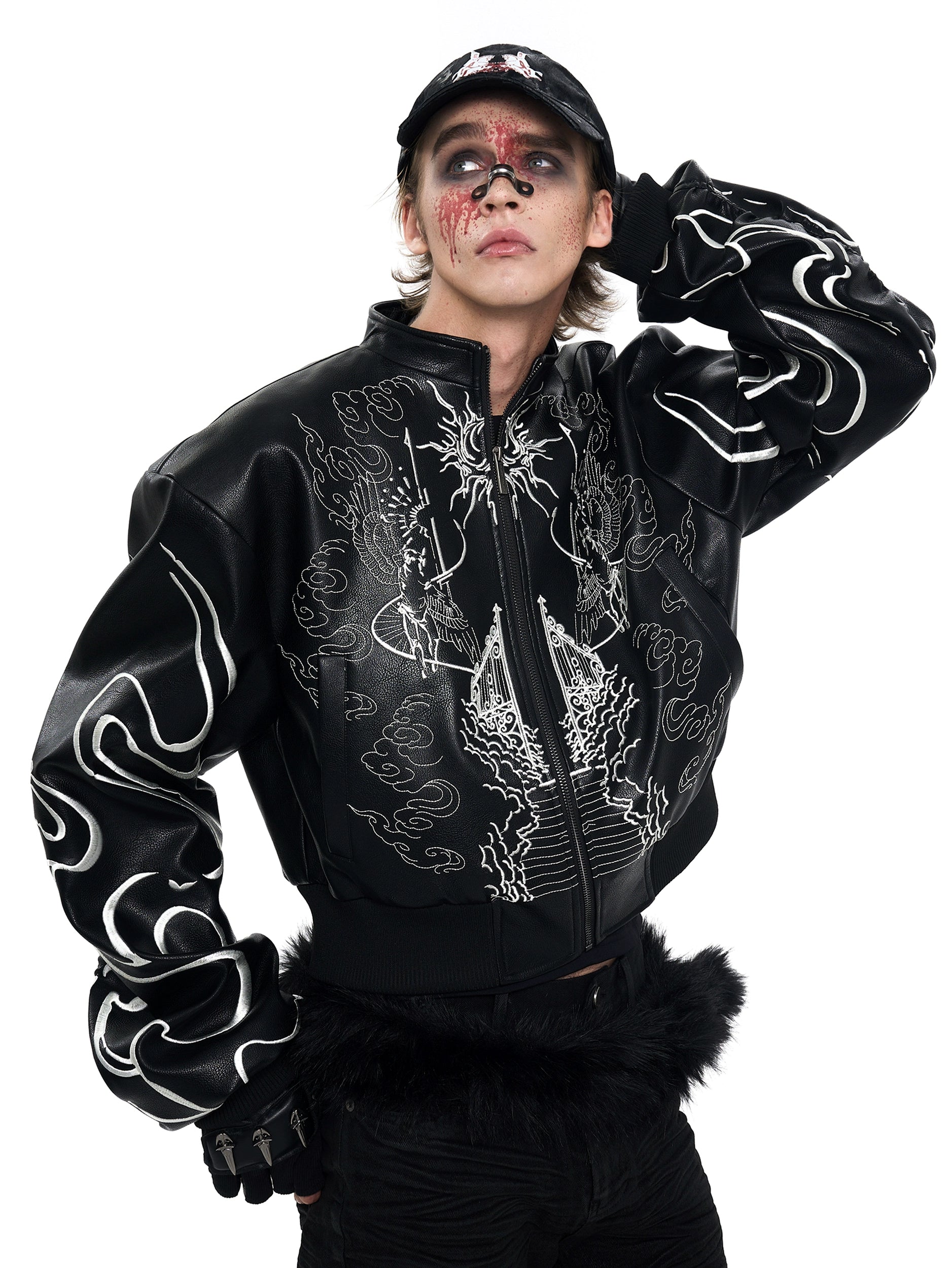 Black Cropped Graphic Leather Jacket