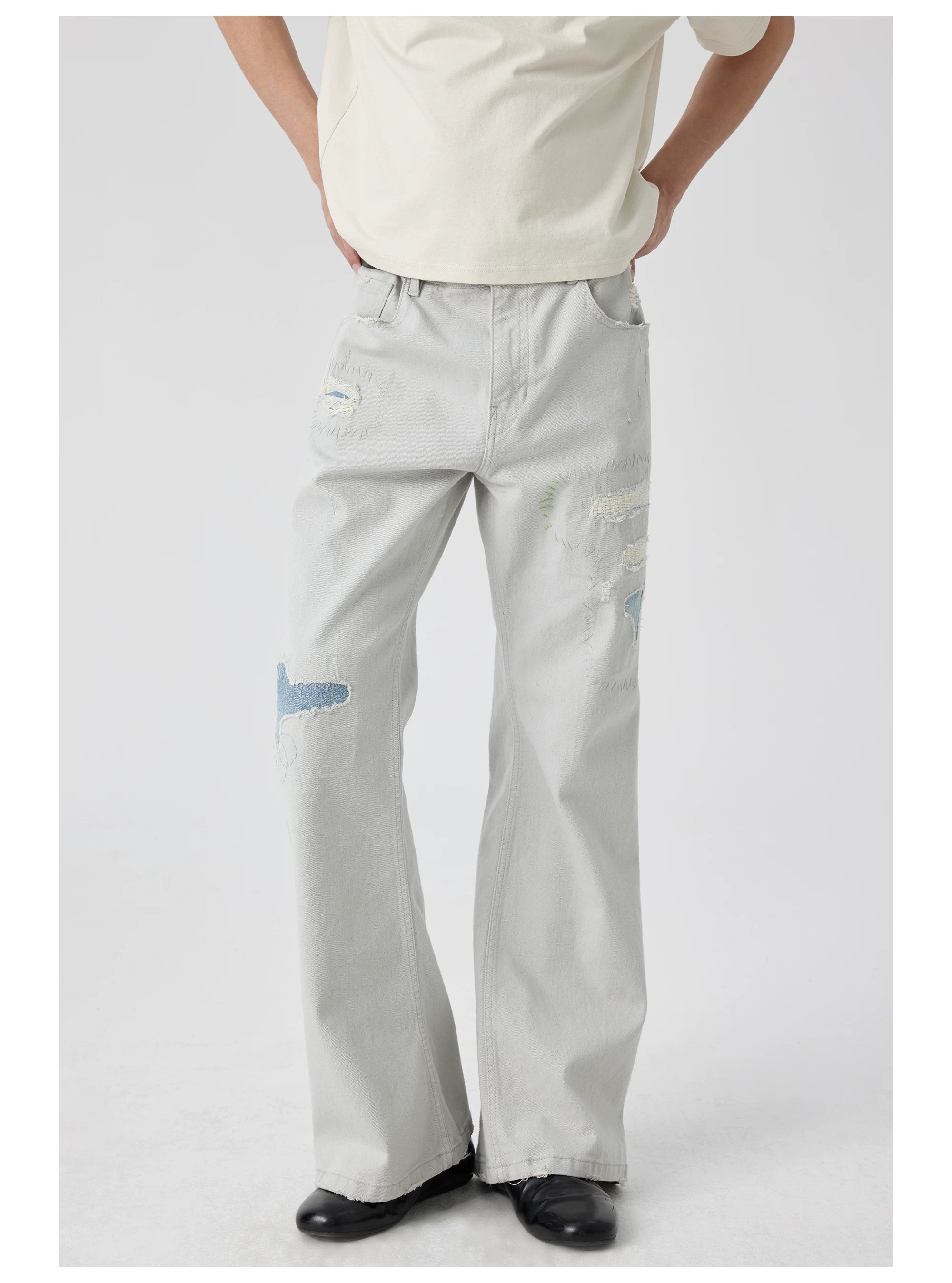 Patchwork Distressed Wide-Leg Jeans