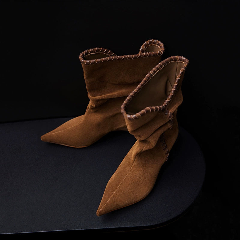 Brown Suede Slouchy Pointed-Toe Boots with Whipstitch Trim