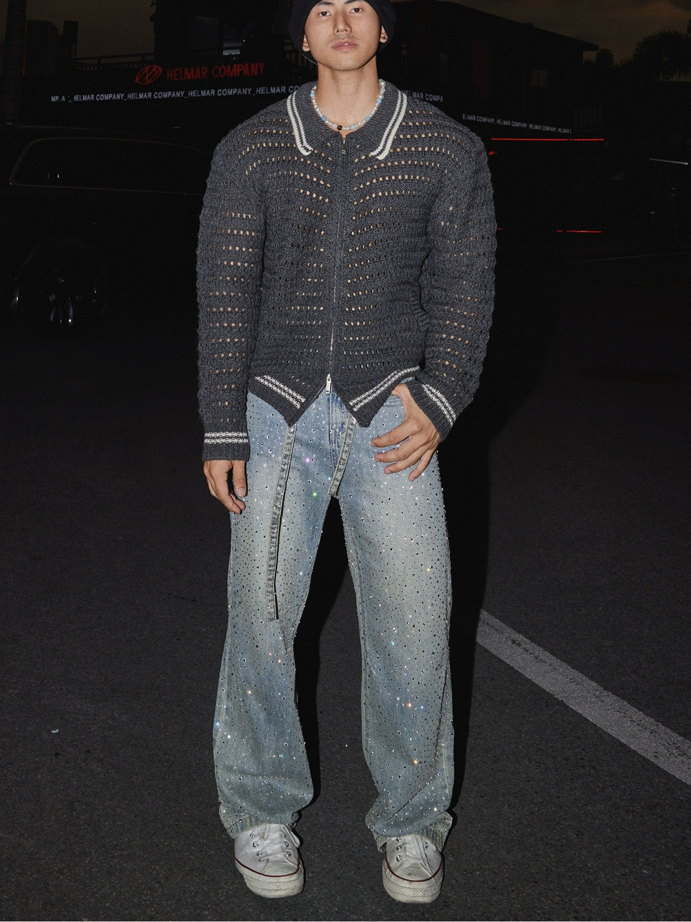 Open-Knit Zip-Up Cardigan with Striped Trim