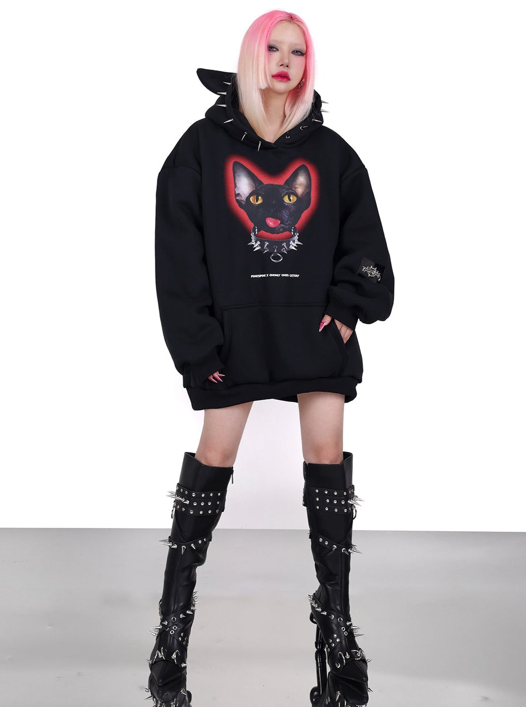 PINKSPINK Spiked Cat-Ear Hoodie - Black with Gothic Cat Print