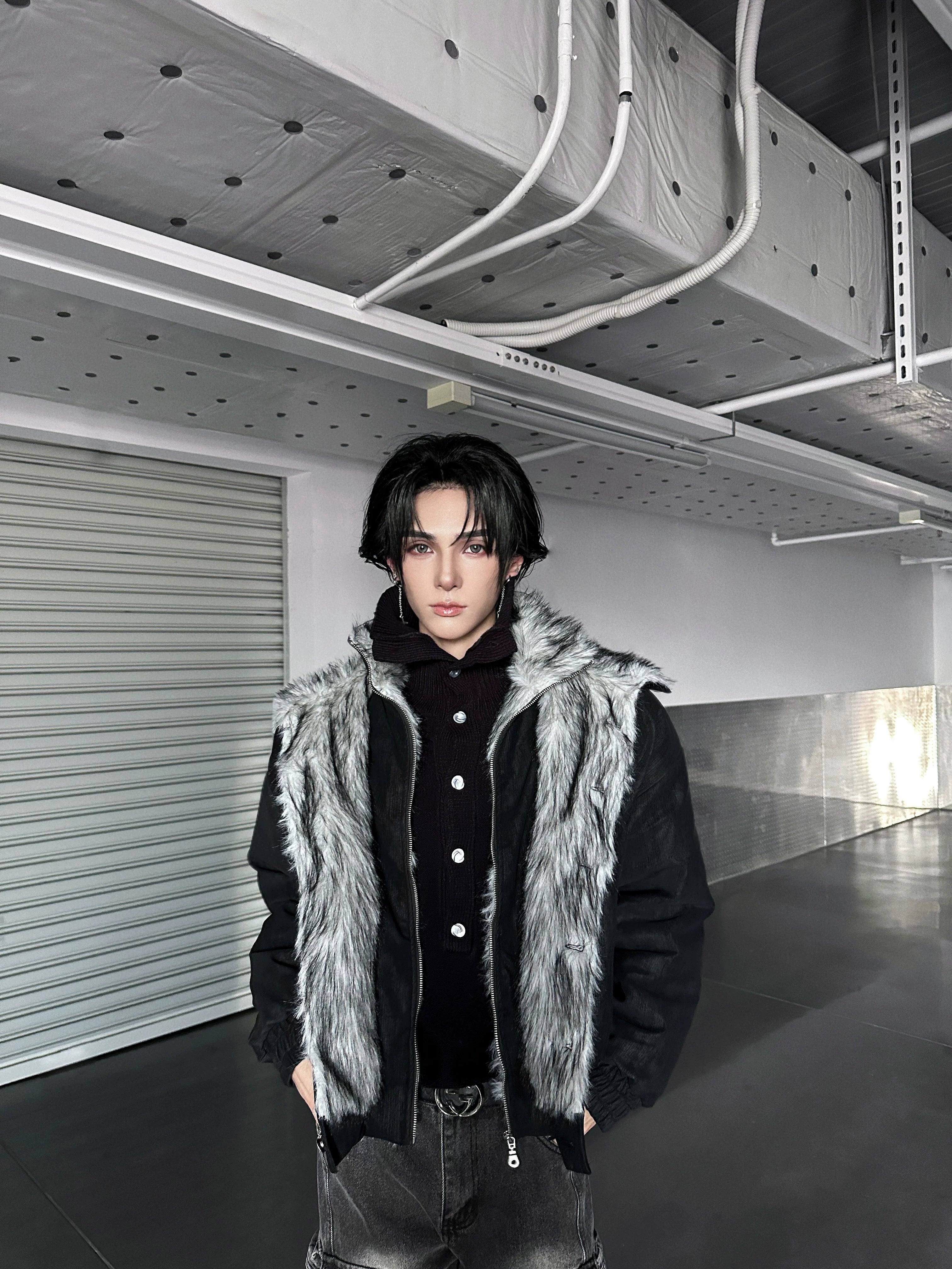 Frostbite V-Line Wolf-Fur Bomber Jacket