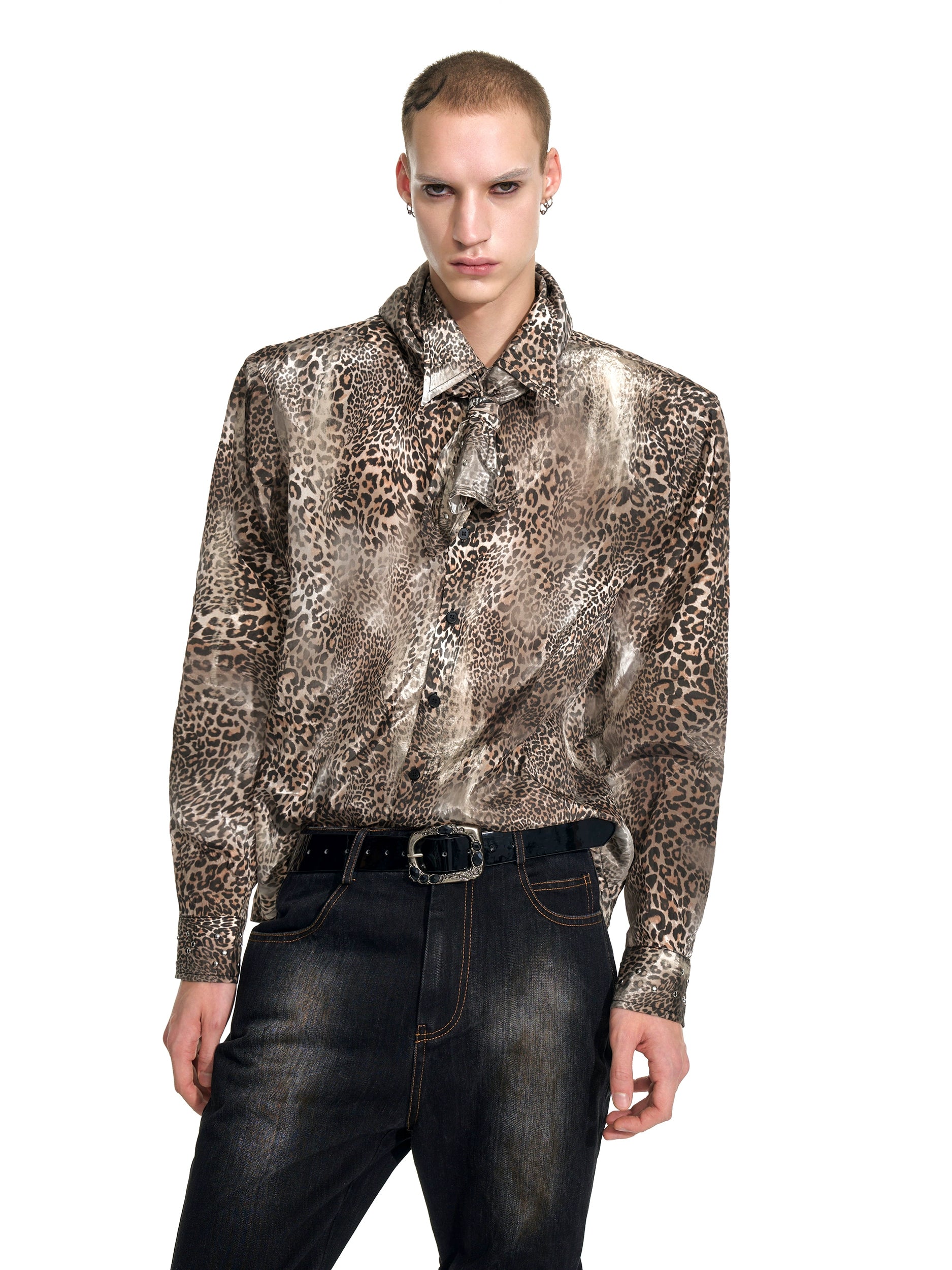 Satin Leopard Print Ruffle Shirt