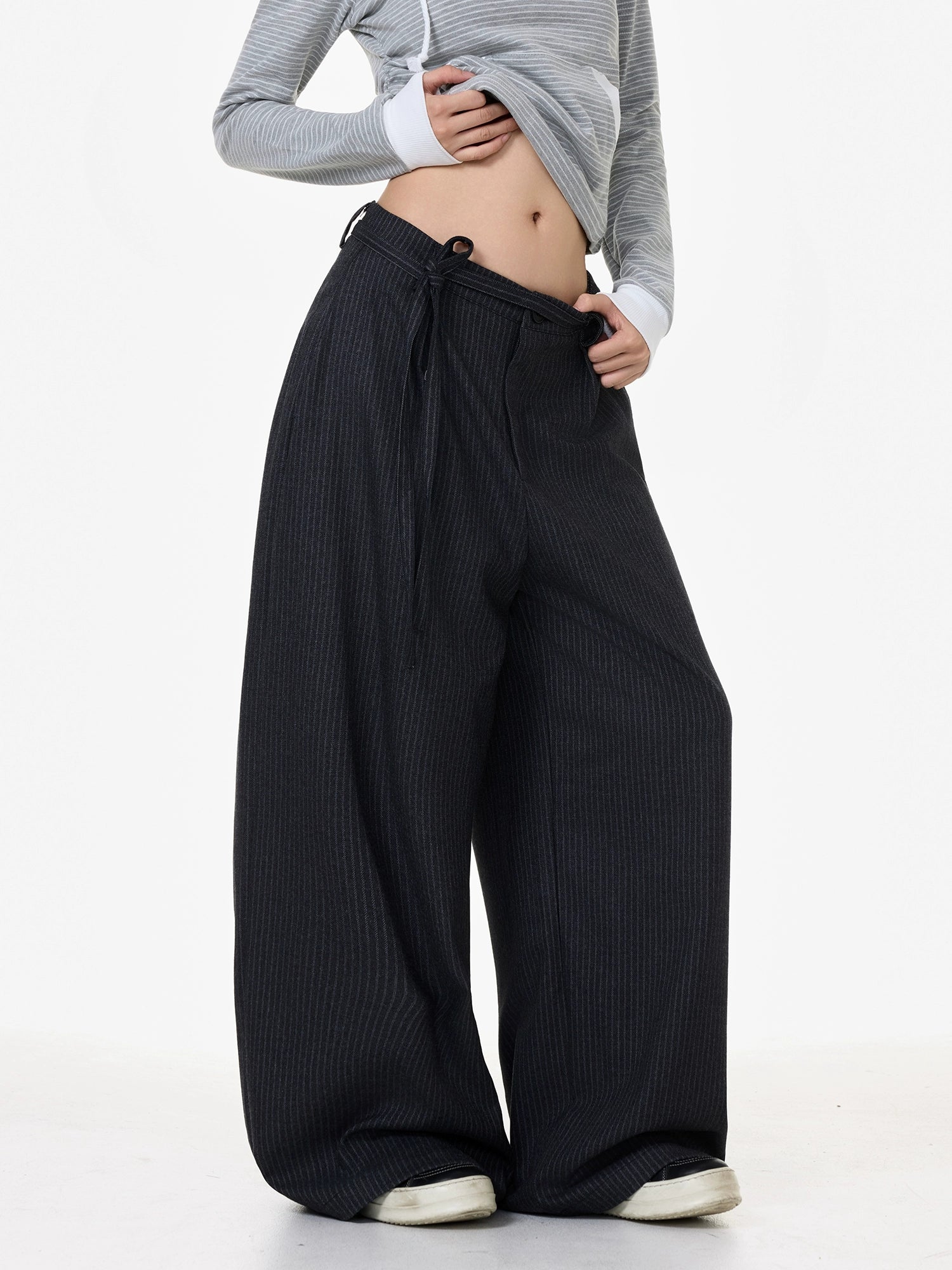 Midnight Pinstripe Wide-Leg Trousers