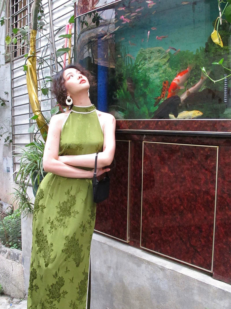 Green Floral Halter Neck Cheongsam Dress
