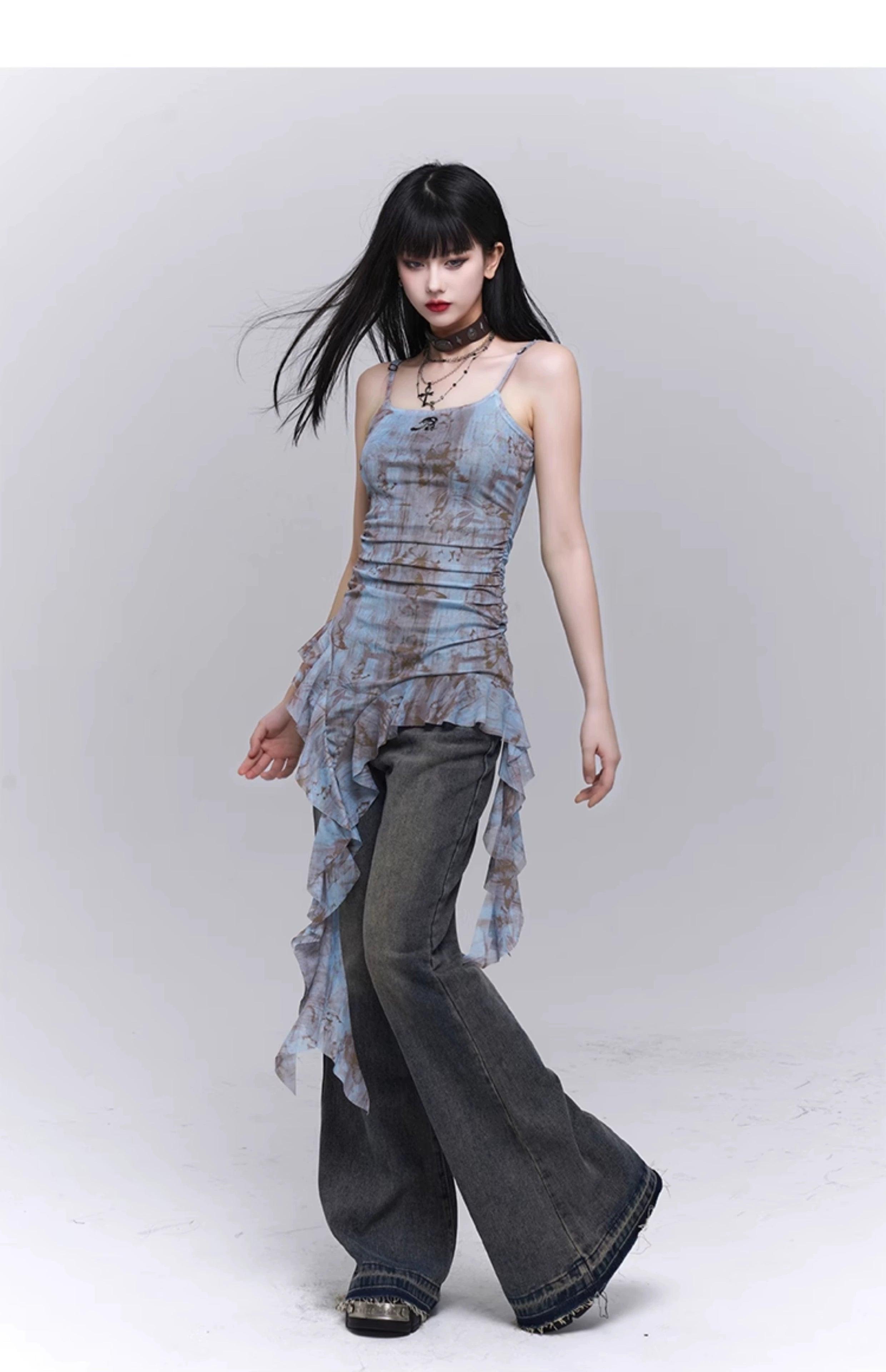 Ladyghost Grunge Fairy Asymmetrical Cami Dress - Women'S Tie-Dye Ruched Mini Dress With Ruffle Hem