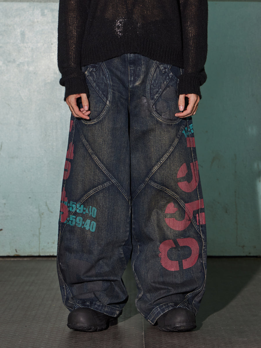 Urban Graffiti Wide-Leg Denim Cargo Jeans